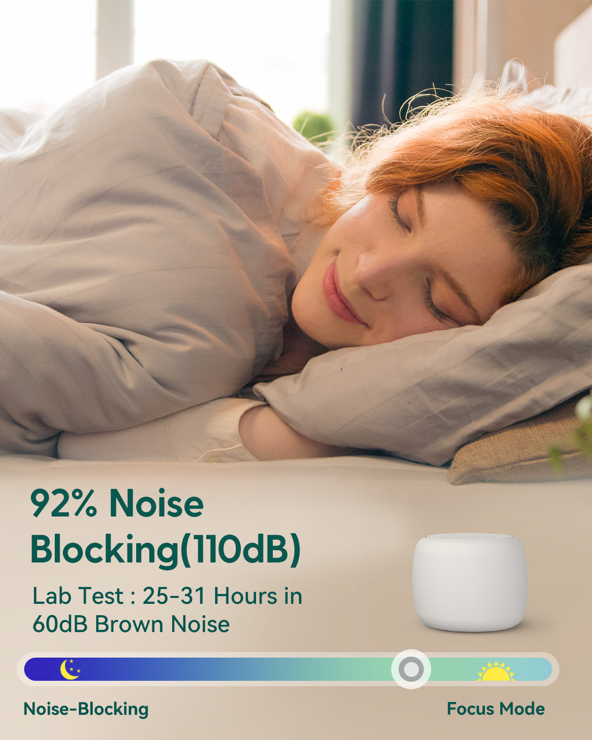 Babelio white noise machine in bedroom, helping baby sleep with 92% noise blocking and focus mode features
