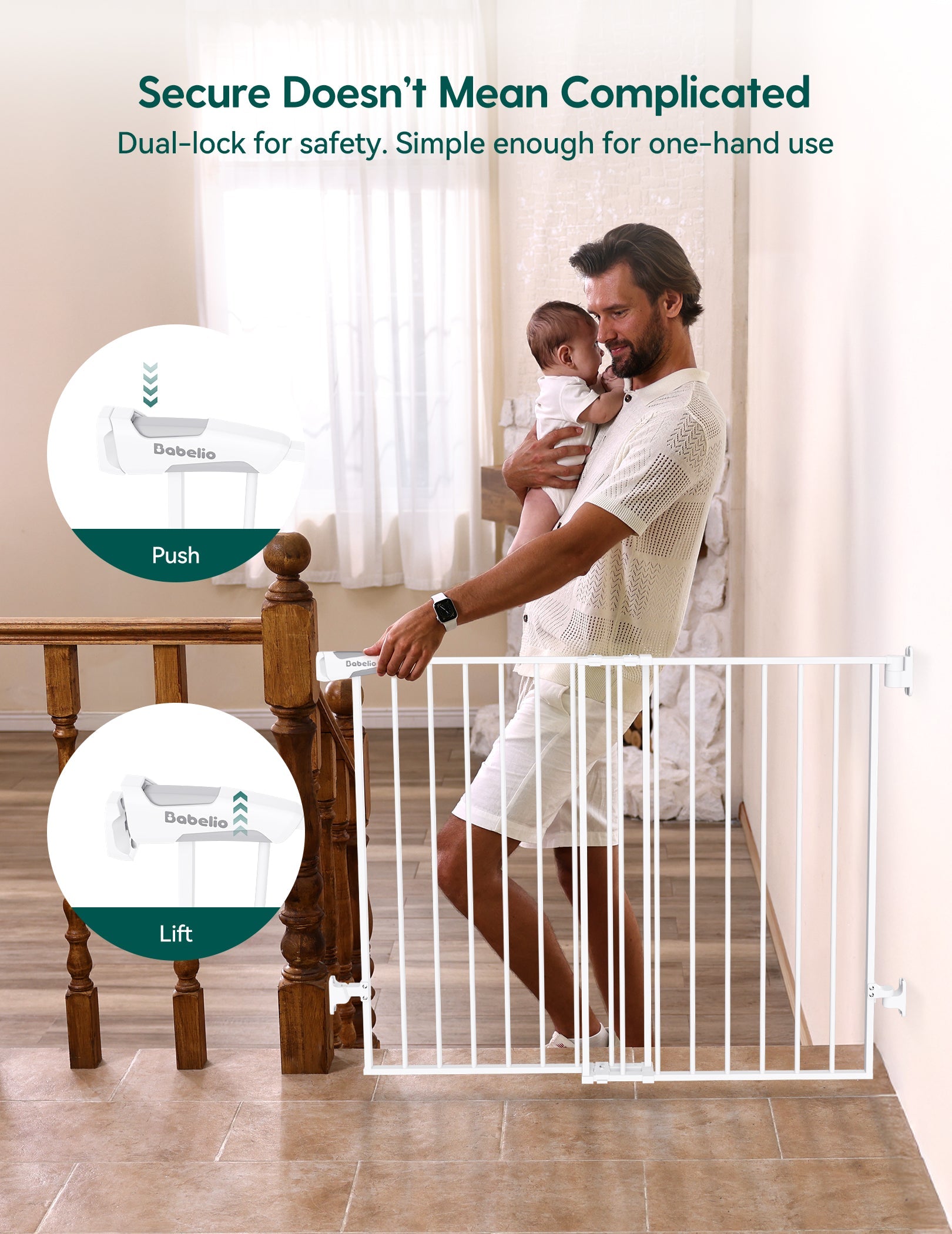 Babelio baby safety gate installed on stairs, shown in a hallway with a parent and baby.