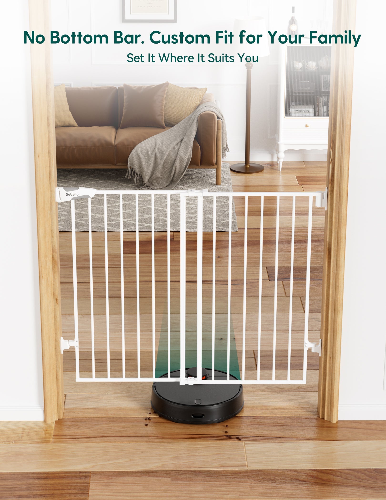 Babelio baby safety gate mounted in living room doorway, modern sofa and rug visible