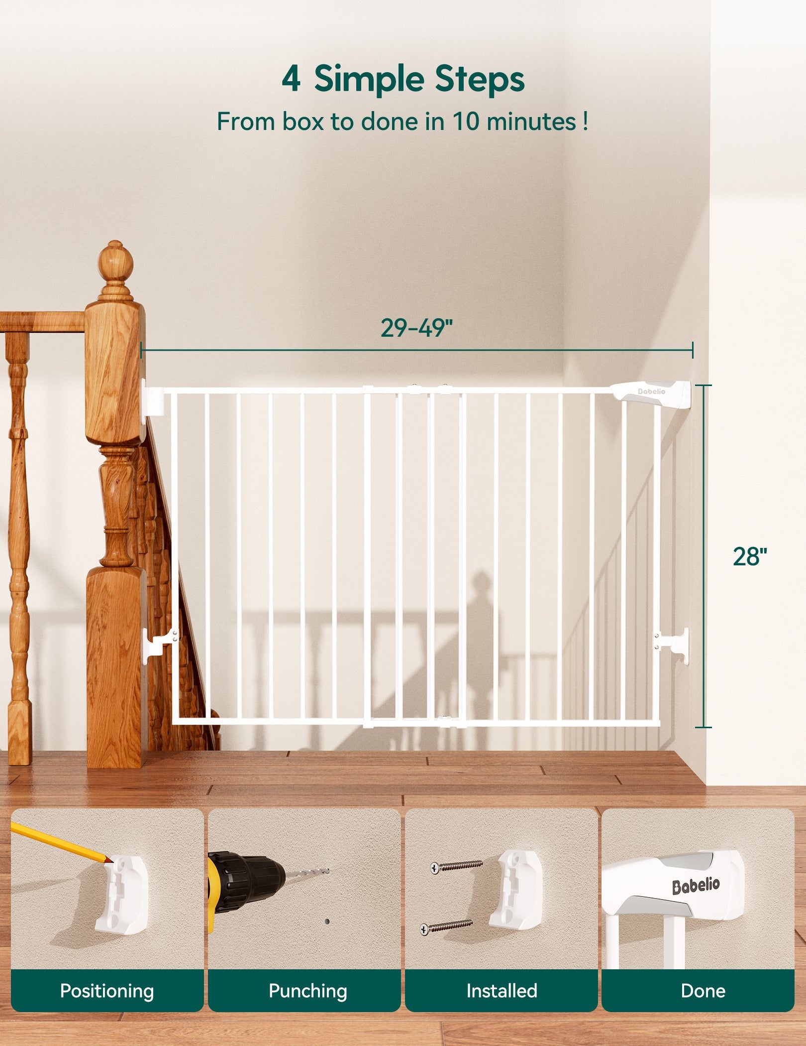 Babelio white baby safety gate installed on staircase, hardware mounted with easy steps.