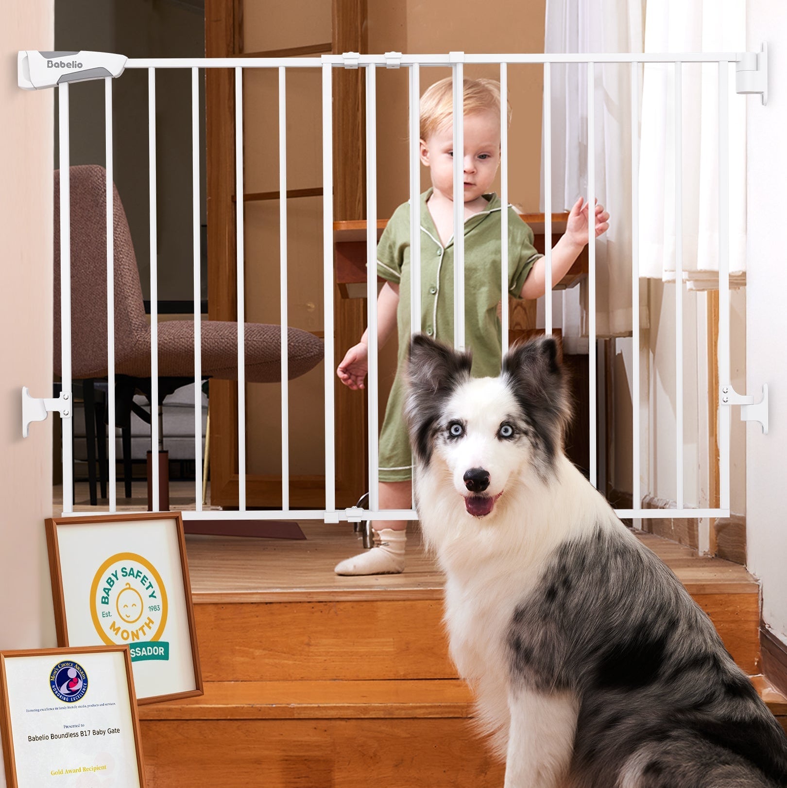 Babelio baby safety gate for stairs in a home, with child and dog separated by the gate