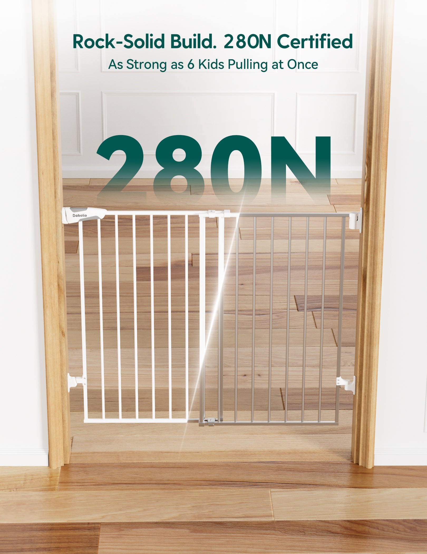 Babelio baby safety gate mounted in a hallway doorway with wooden floor
