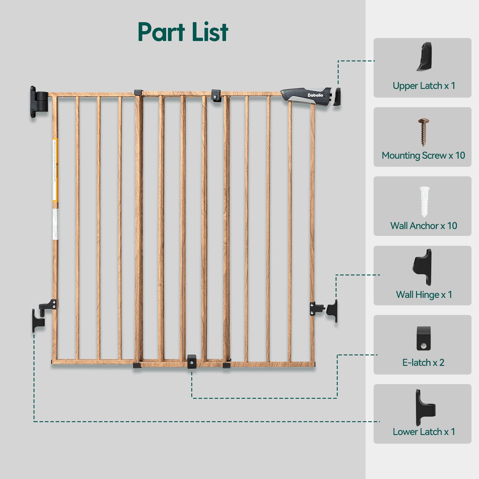 Babelio baby safety gate wood pattern with installation parts list for stairs or hallway