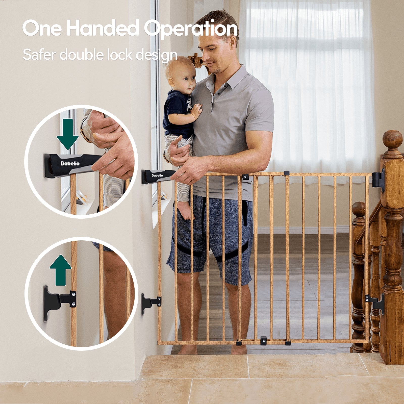 Babelio baby safety gate with wood pattern installed at stairs, shown in home setting
