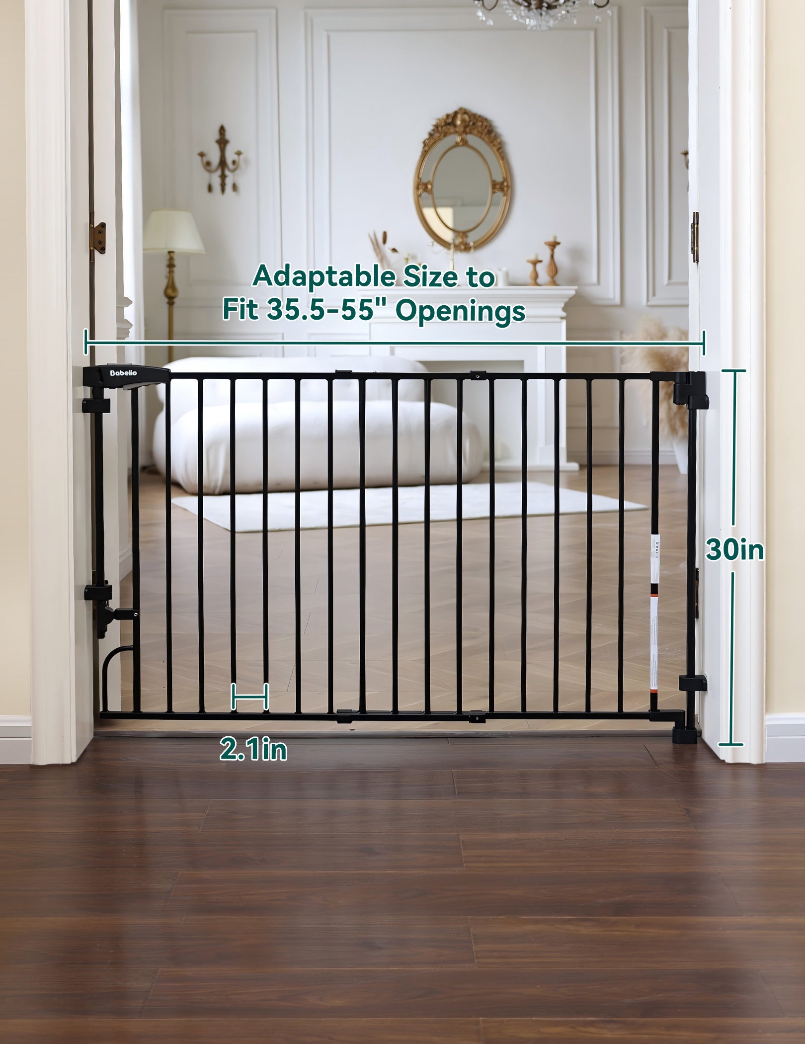 Babelio black baby safety gate for stairs or doorways in a stylish bedroom setting