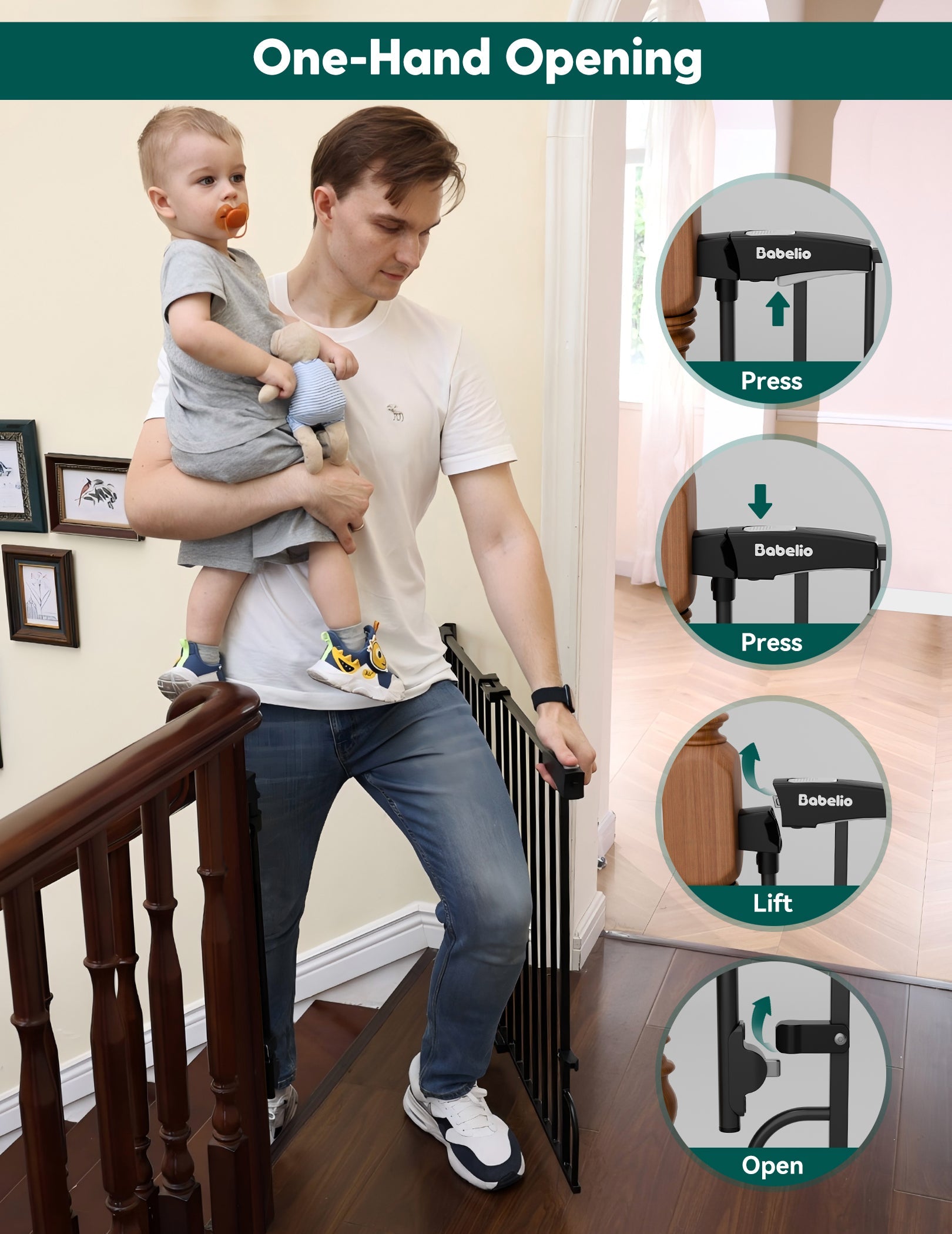 Babelio baby safety gate for stairs shown in a hallway with easy one-hand opening