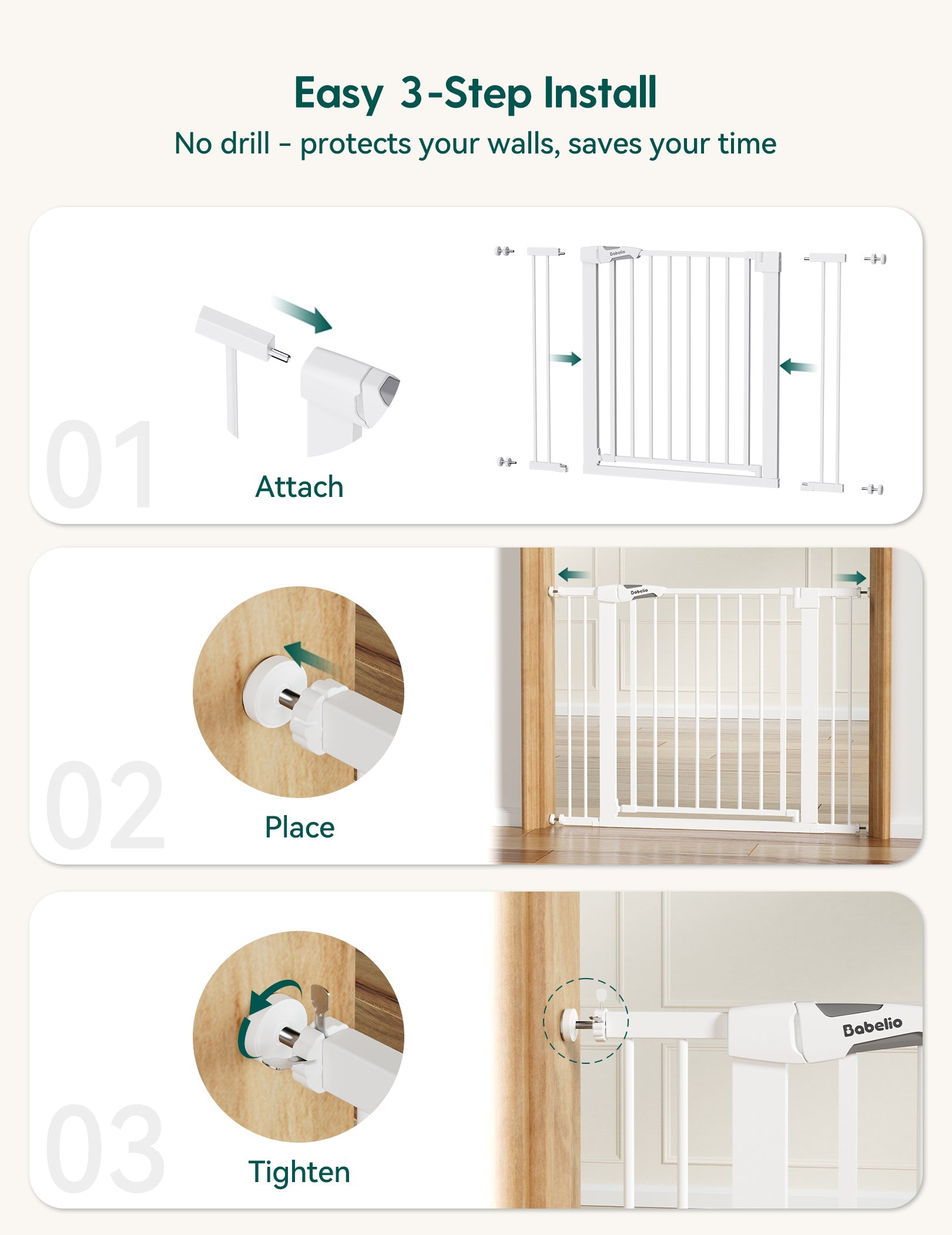 Babelio baby safety gate easy 3-step install on doorway, pressure mount, no drilling needed#Color_White
