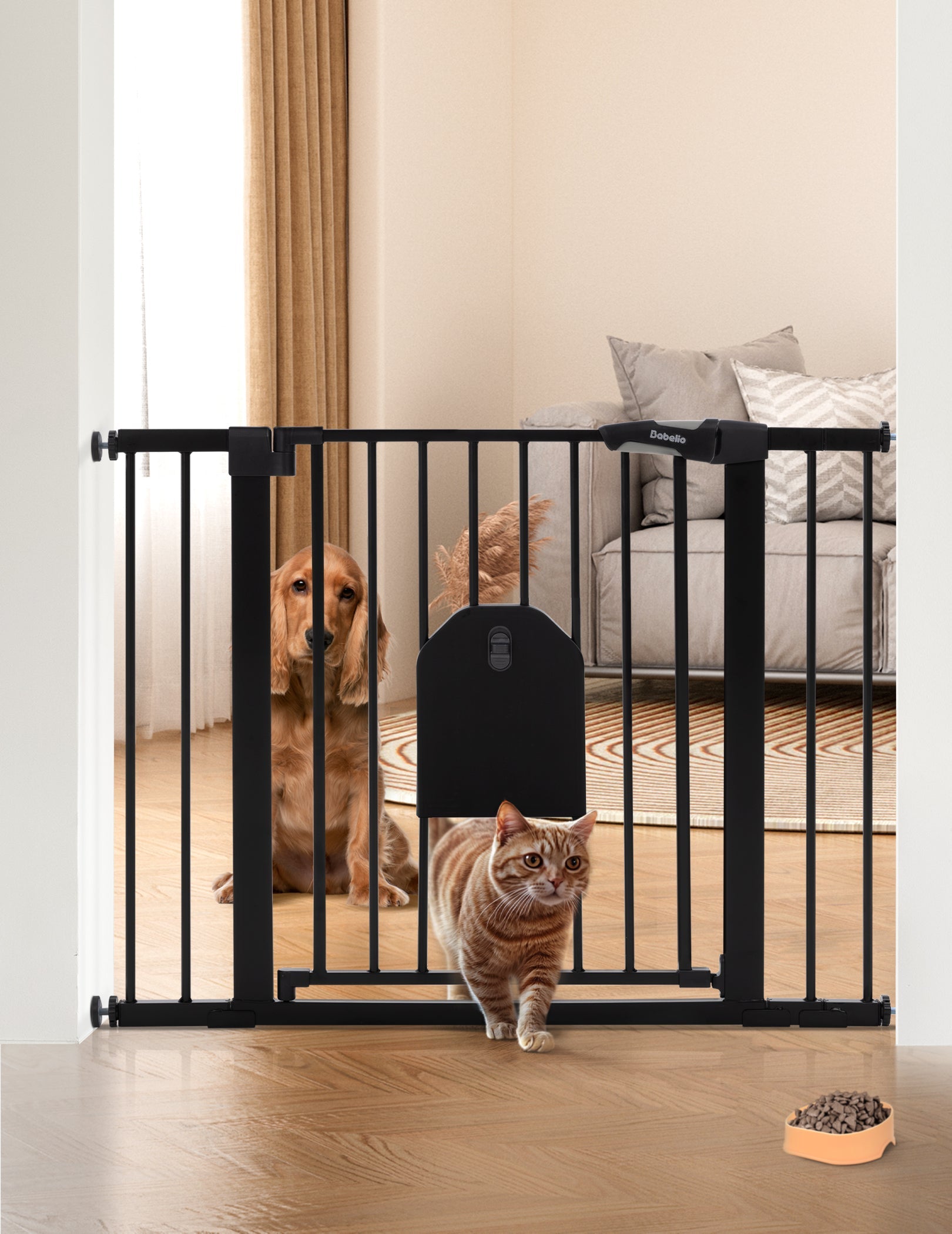 Babelio black baby safety gate with lockable pet door in living room, cat and dog nearby