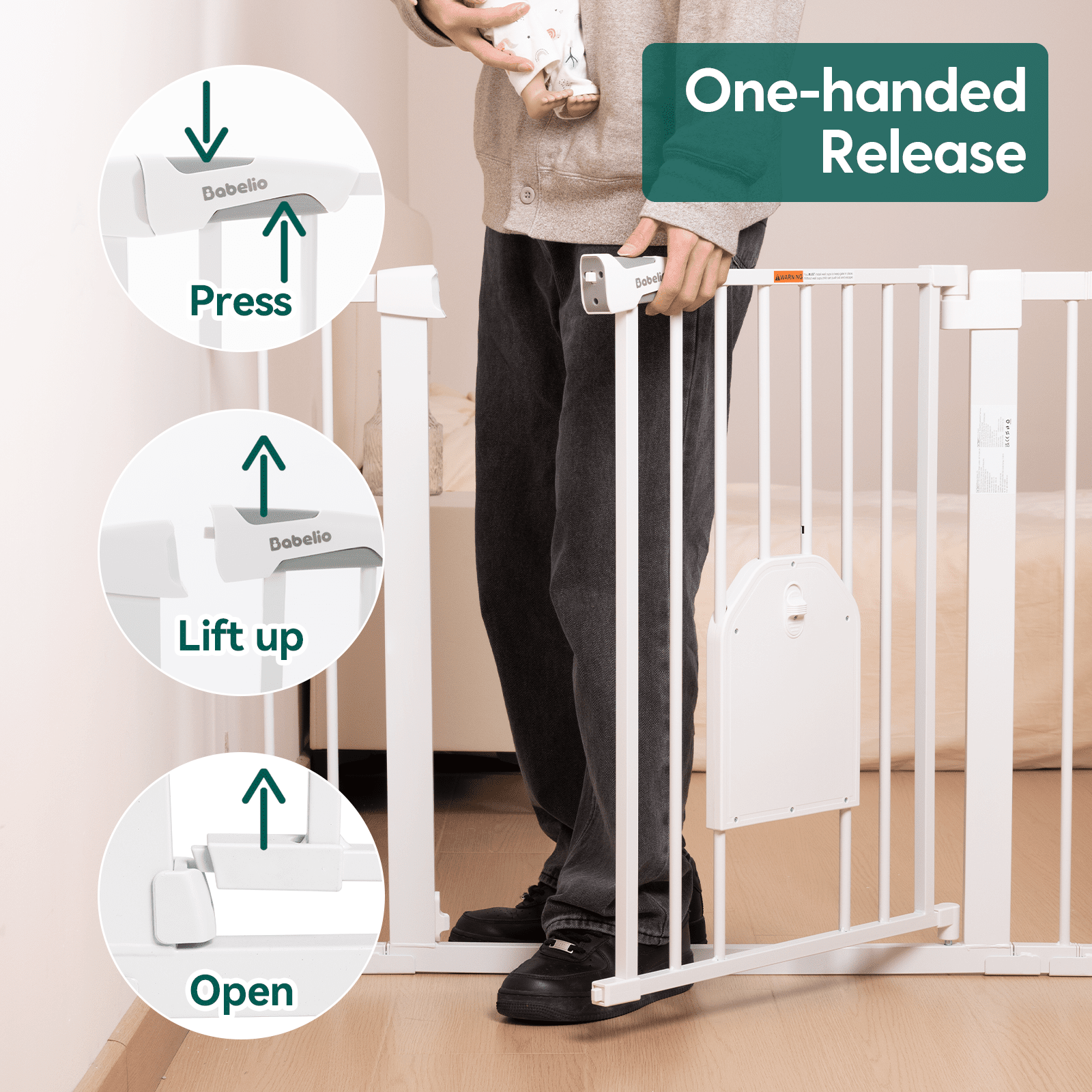 Babelio baby safety gate with lockable pet door, one-handed release, in nursery setting