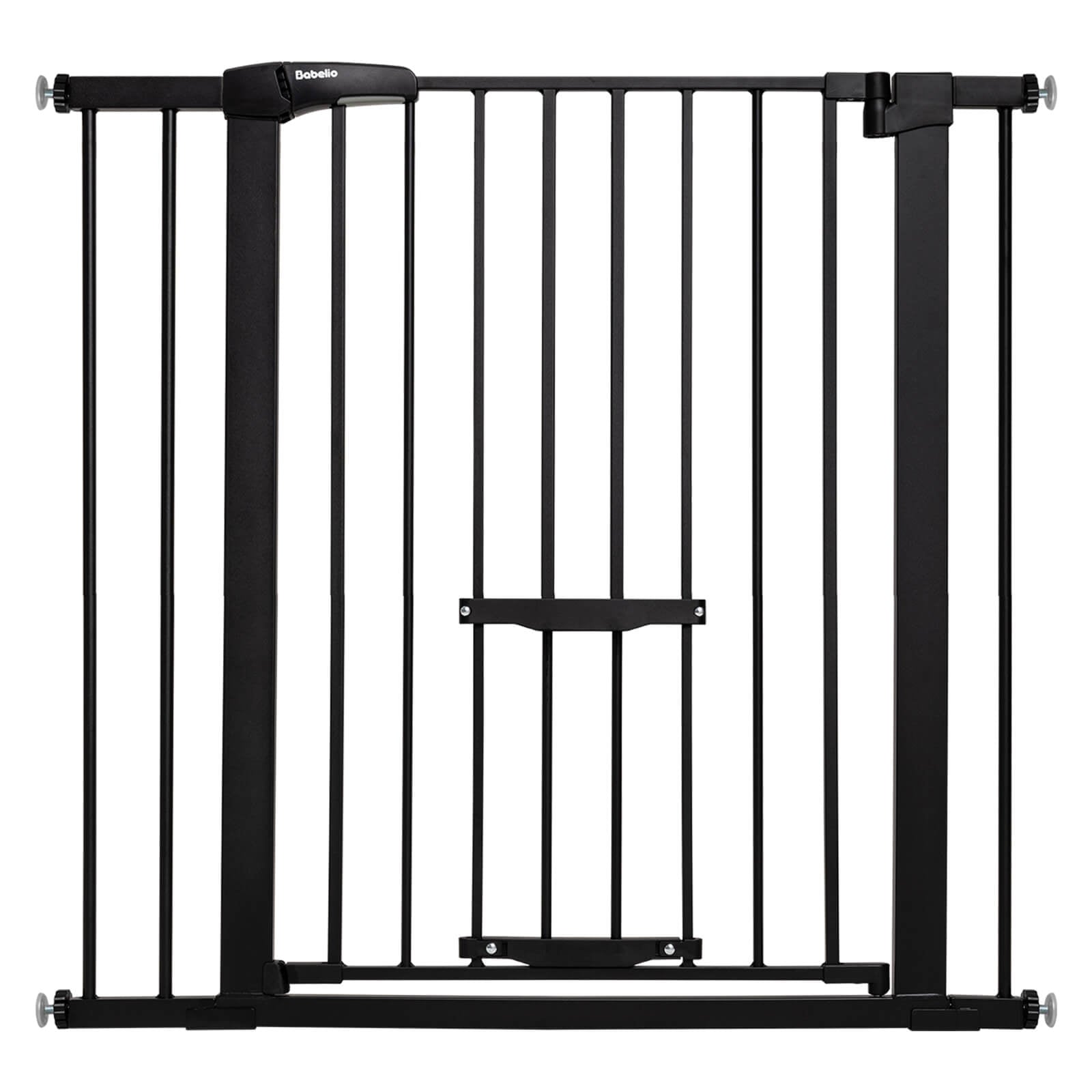 Babelio black baby safety gate with adjustable cat door, metal design for modern homes