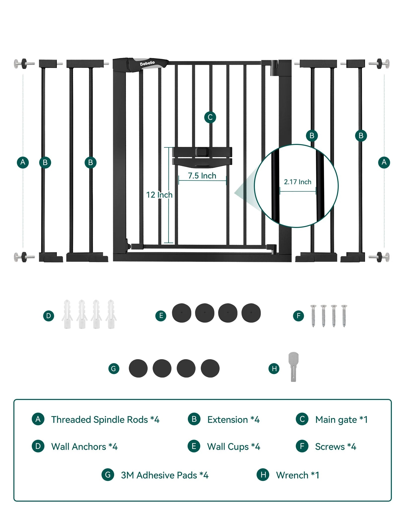 Babelio black baby safety gate with adjustable cat door, installation parts displayed.