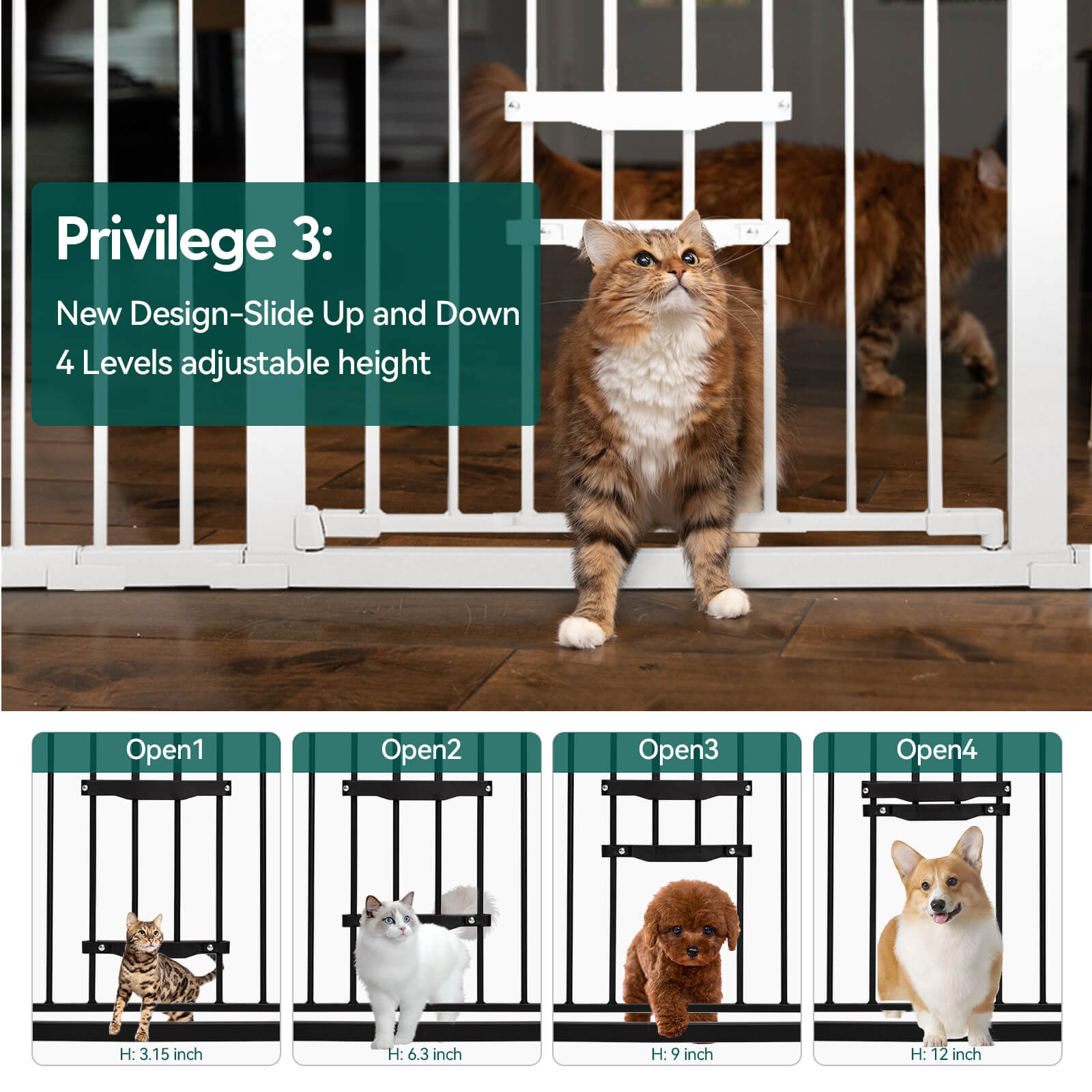 Babelio baby safety gate with adjustable cat door in a home setting, featuring cats and dogs.