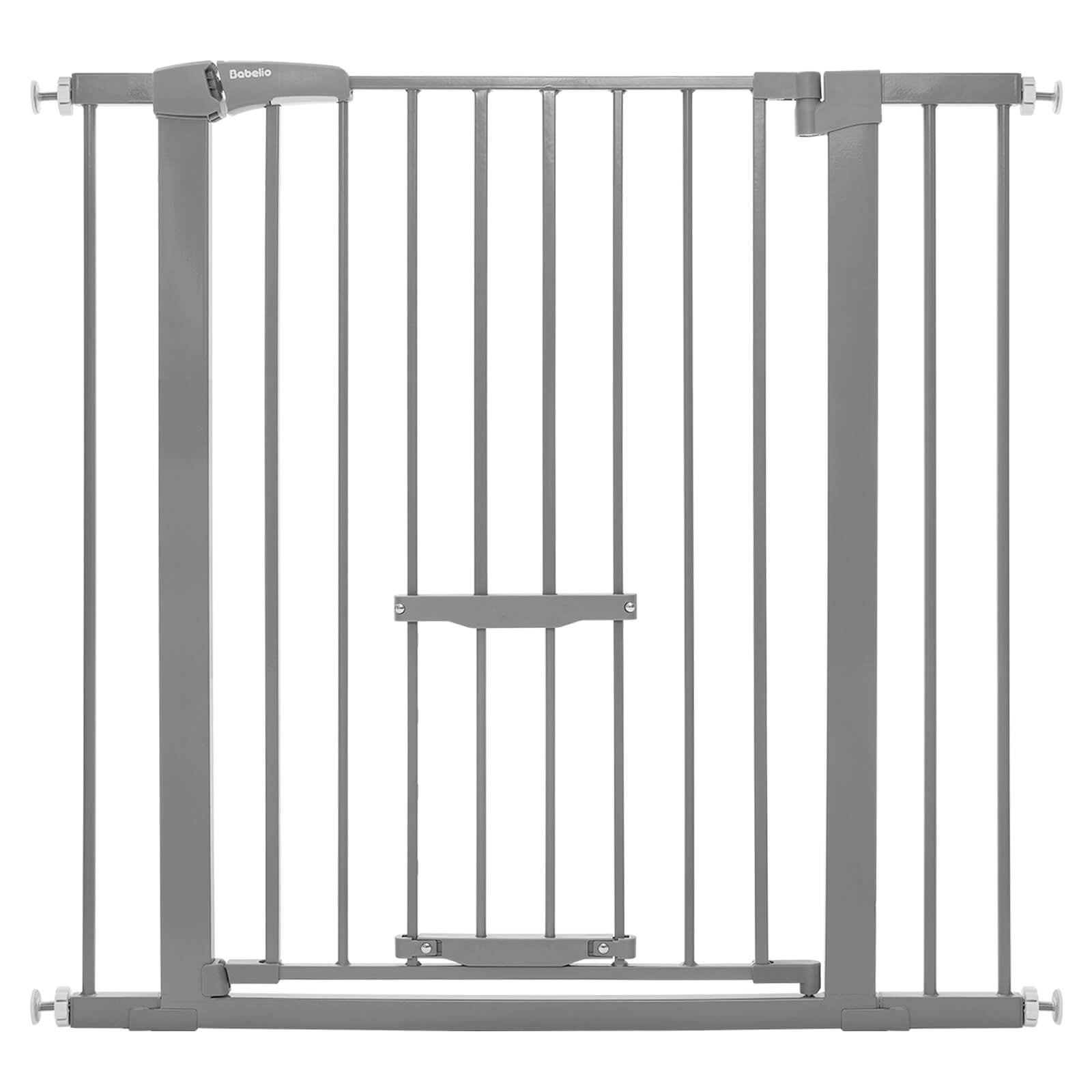 Babelio gray expandable baby safety gate with adjustable cat door, hallway setting