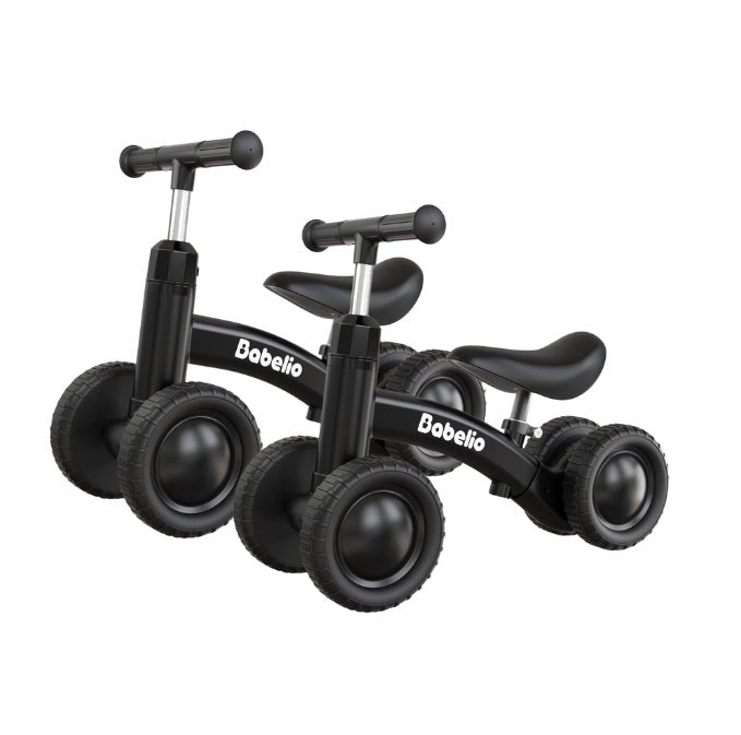 Babelio black toddler balance bikes bundle with four wheels, ideal for siblings