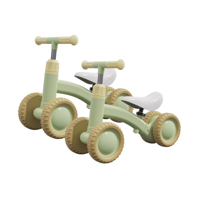 Babelio green and beige toddler balance bikes bundle for siblings, product studio photo