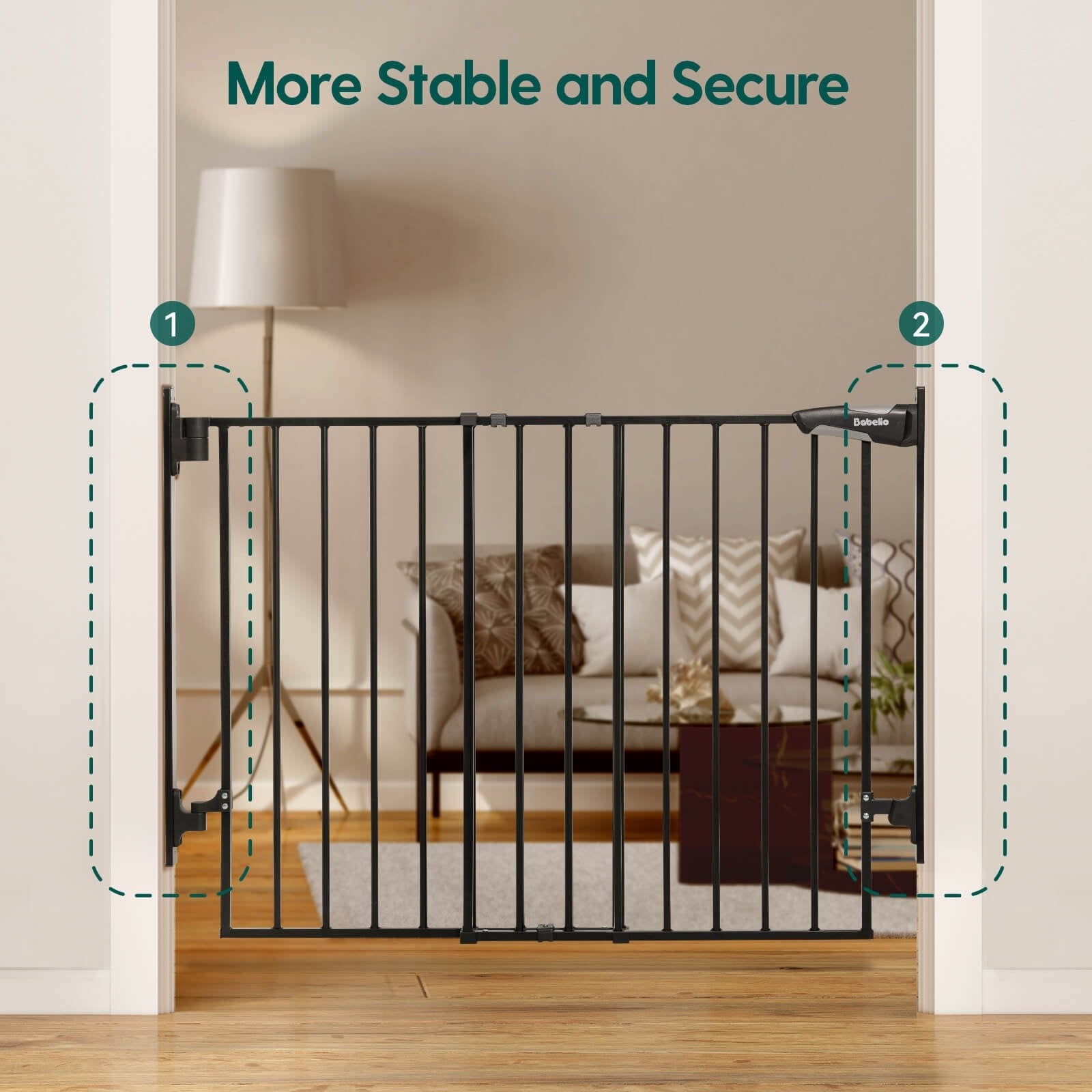 Babelio baby safety gate installed in a living room doorway, black metal, modern decor