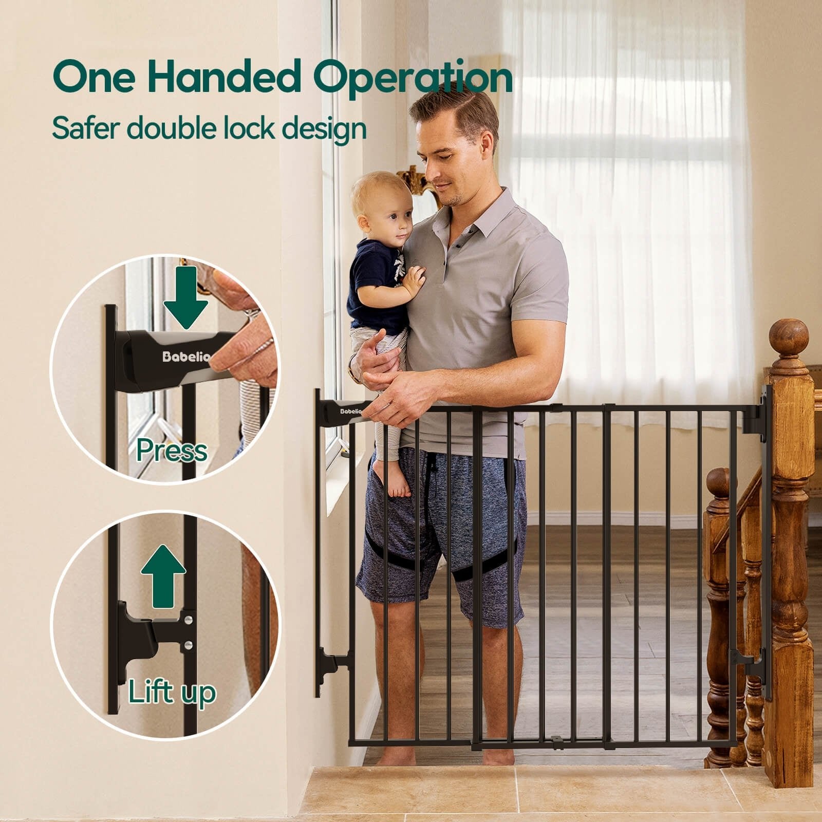 Babelio baby safety gate installed at stairway, father holding baby, double lock feature shown