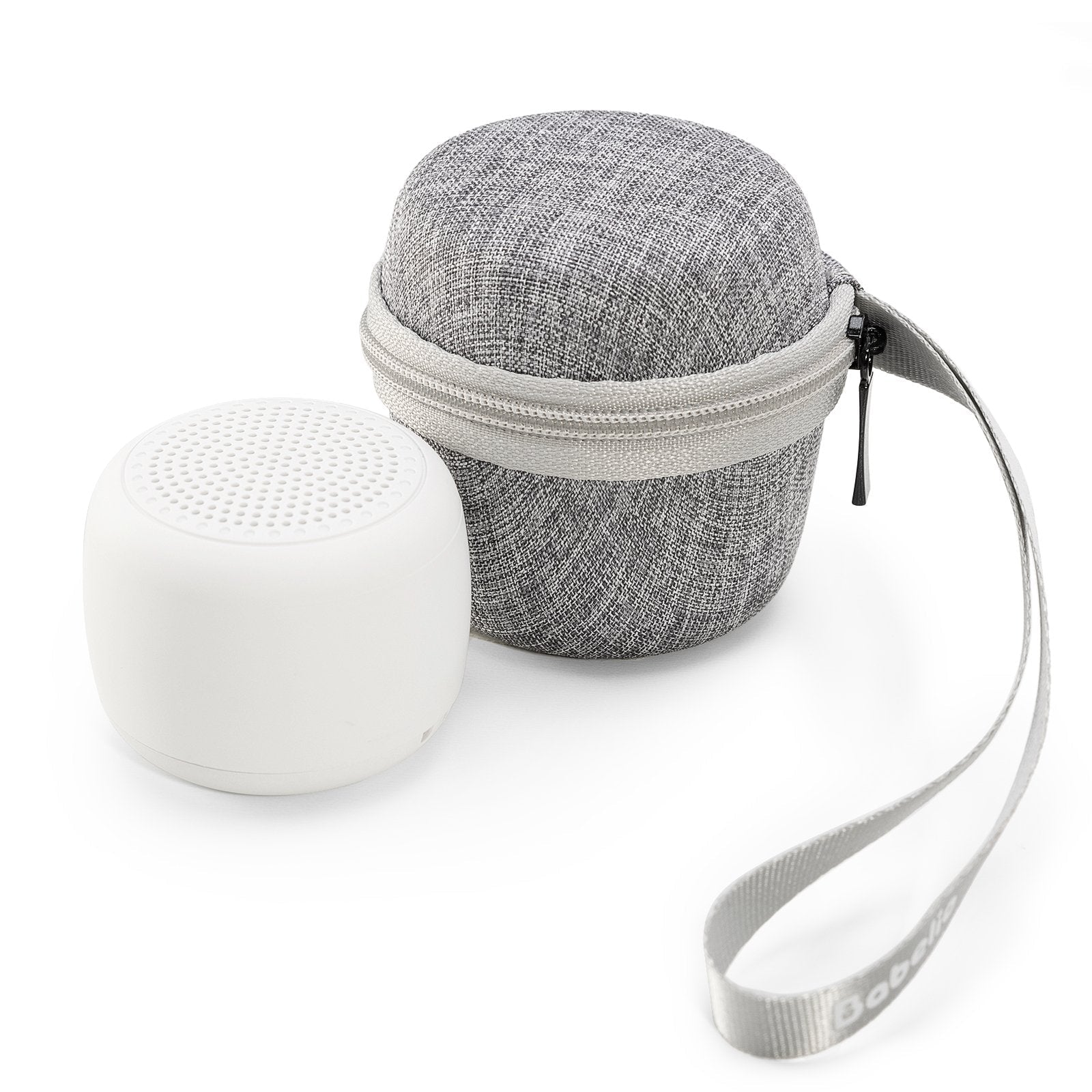 Babelio white noise machine with gray carrying case and strap for travel