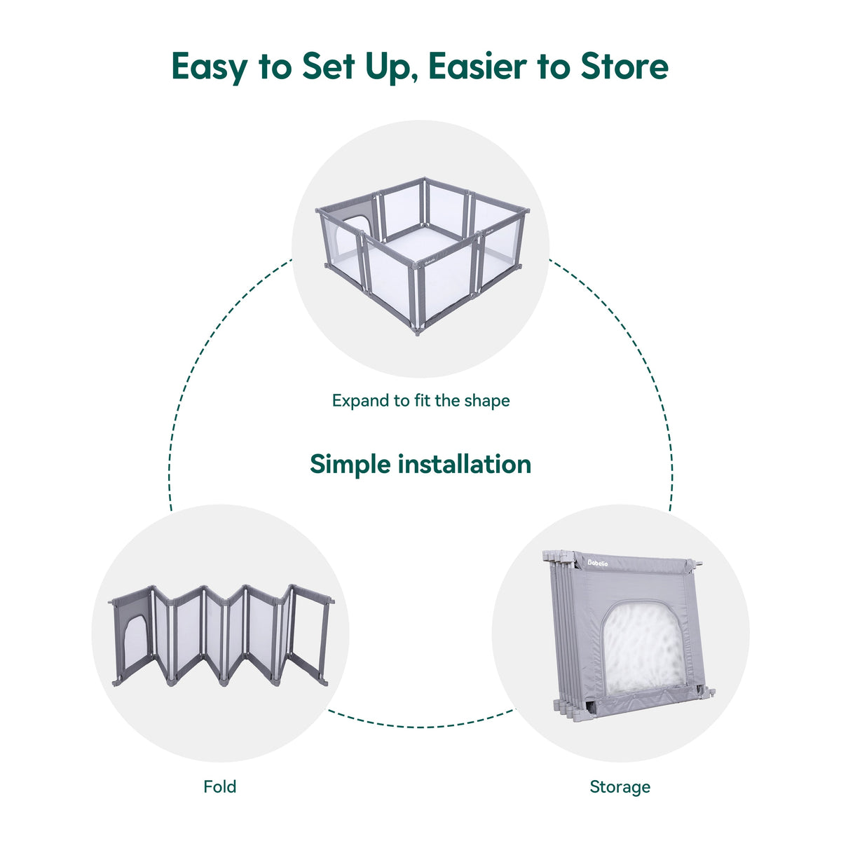 Babelio foldable baby safety gate playpen in grey, shown expanded, folded, and stored.