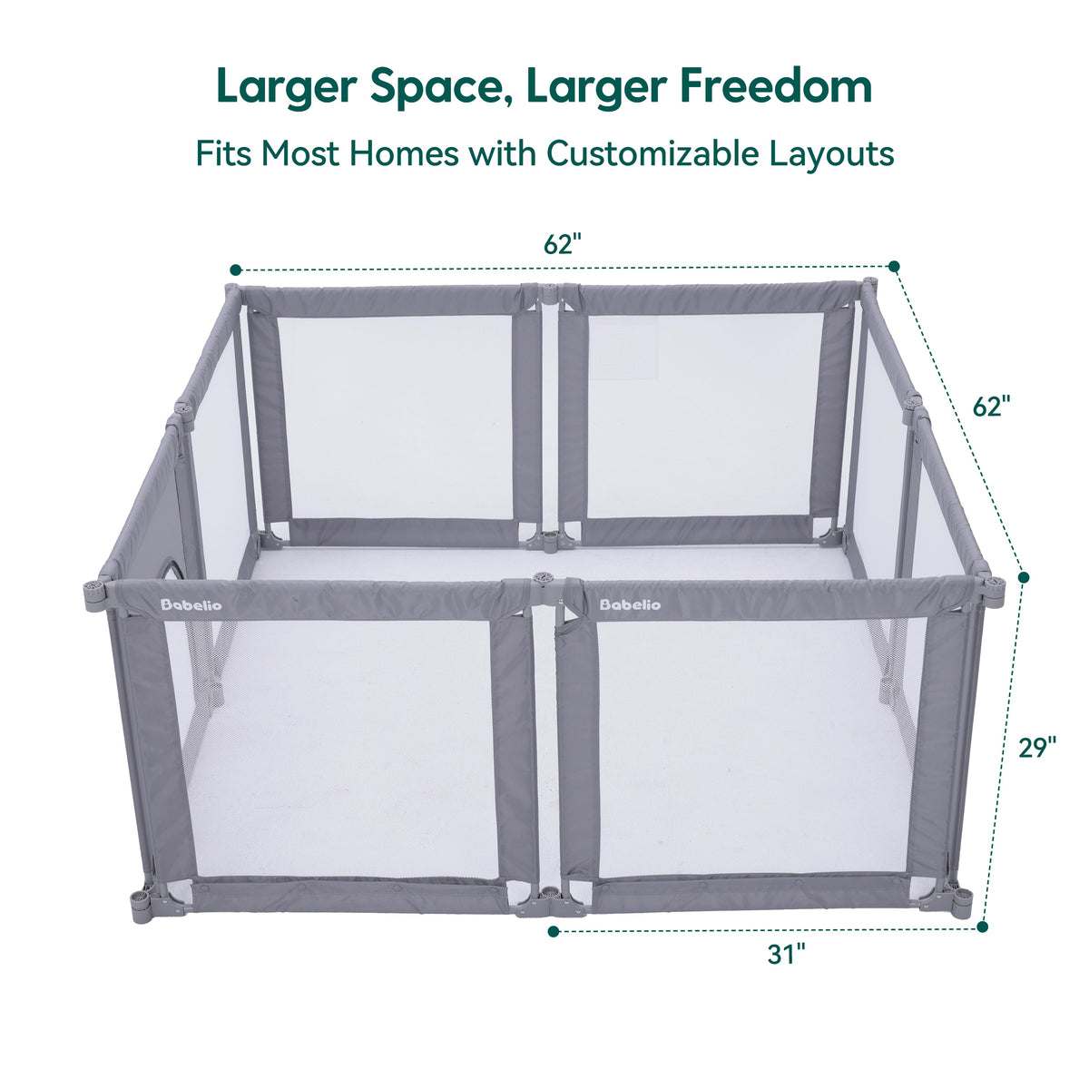 Babelio foldable baby safety gate playpen with mesh panels shown in a home setting