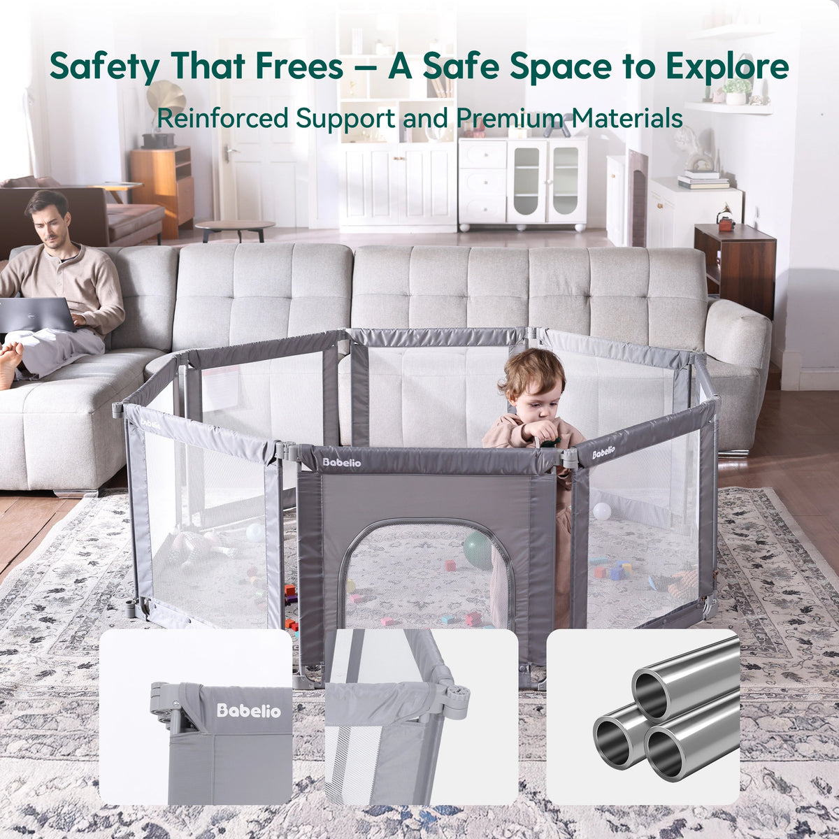 Babelio baby safety gate playpen in a modern living room with toddler and toys inside