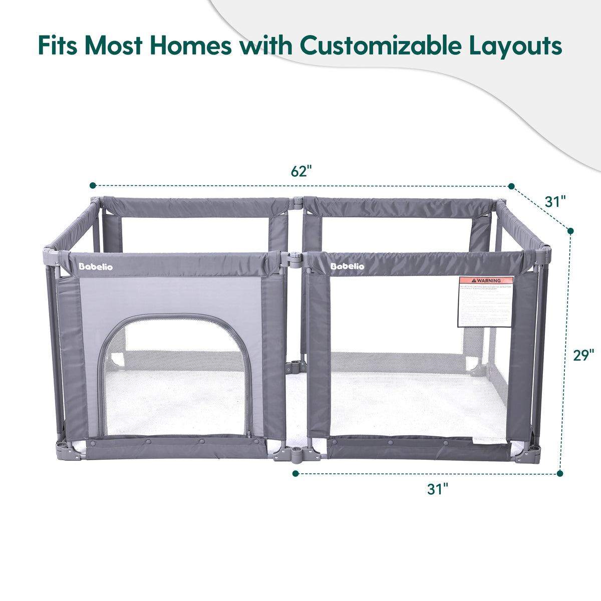 Babelio baby safety gate playpen in a living room with customizable gray panels.