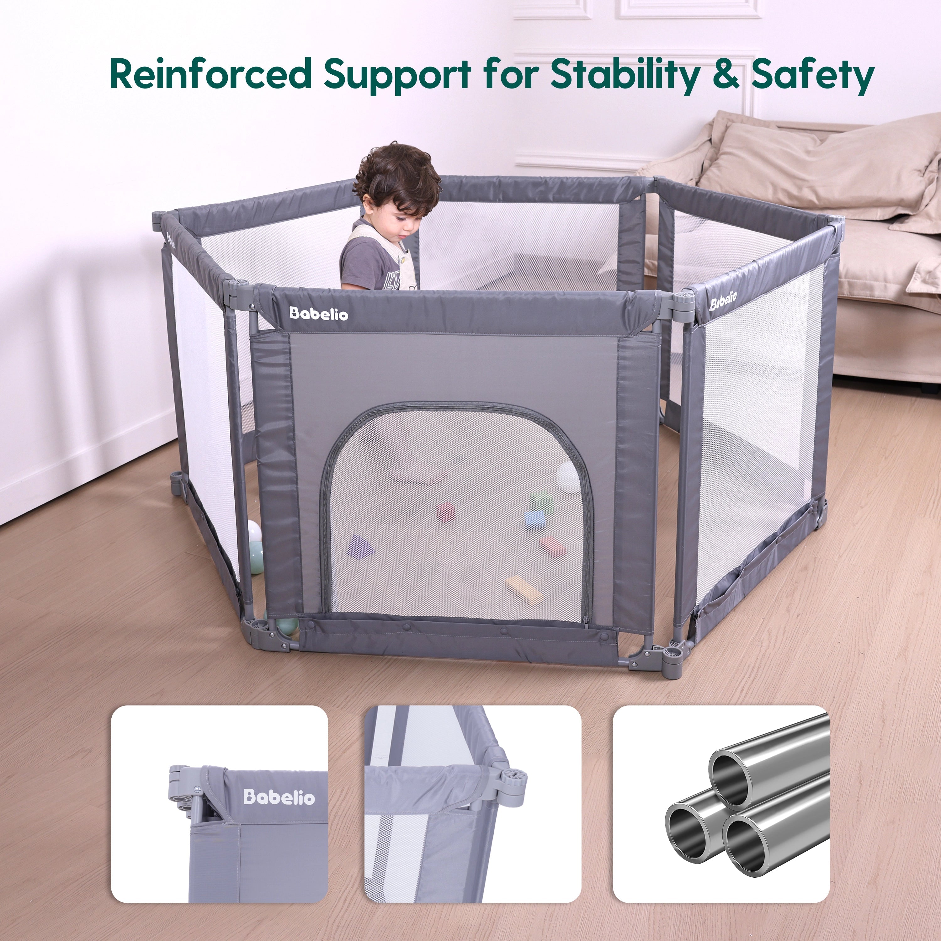Babelio foldable baby safety gate playpen with toddler in a modern living room