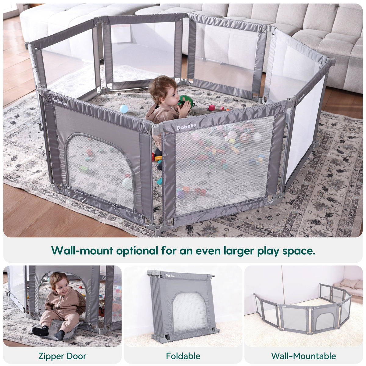 Babelio baby safety gate playpen in a living room, foldable, with zipper door and wall-mount option.