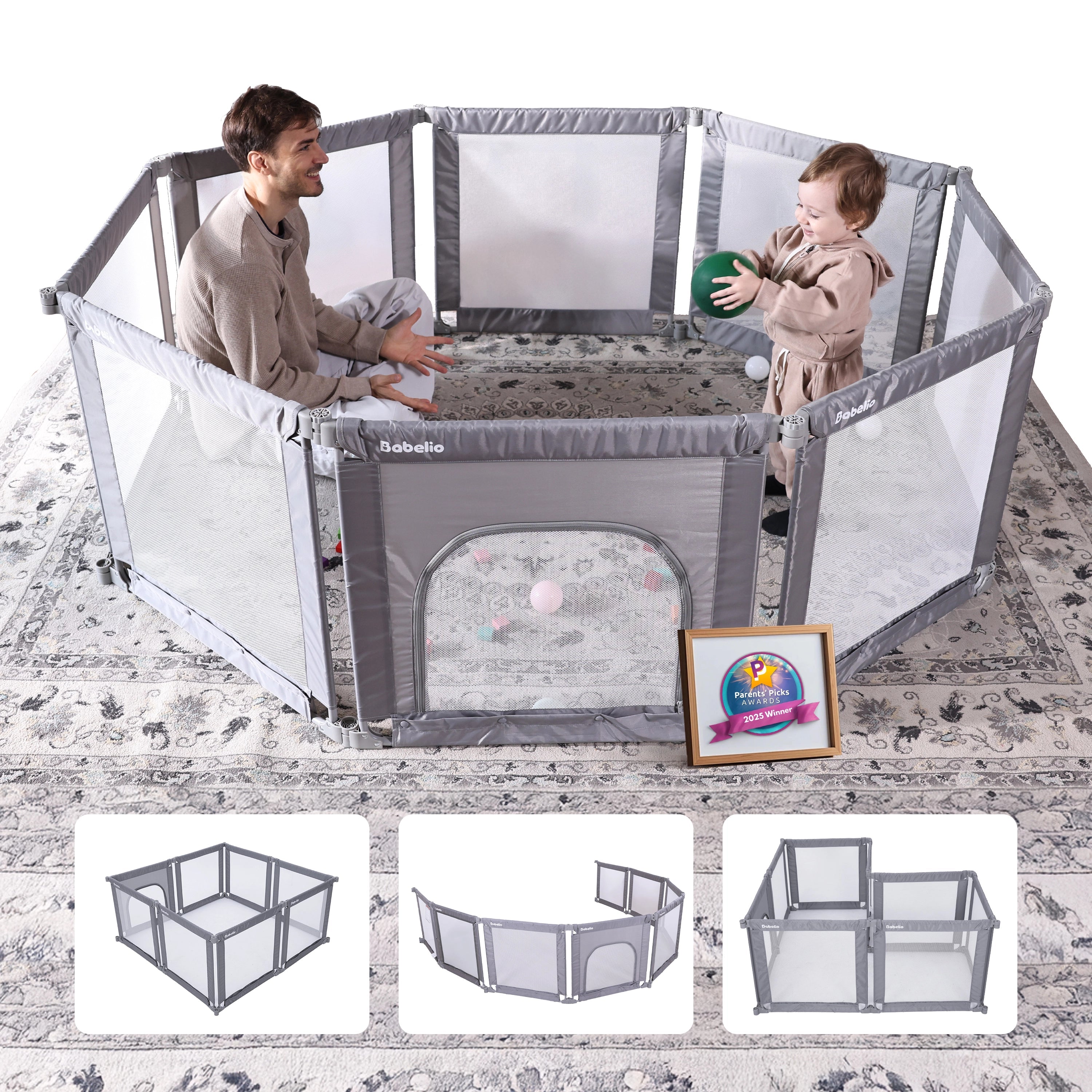 Babelio baby safety gate playpen in living room with adult and toddler playing inside