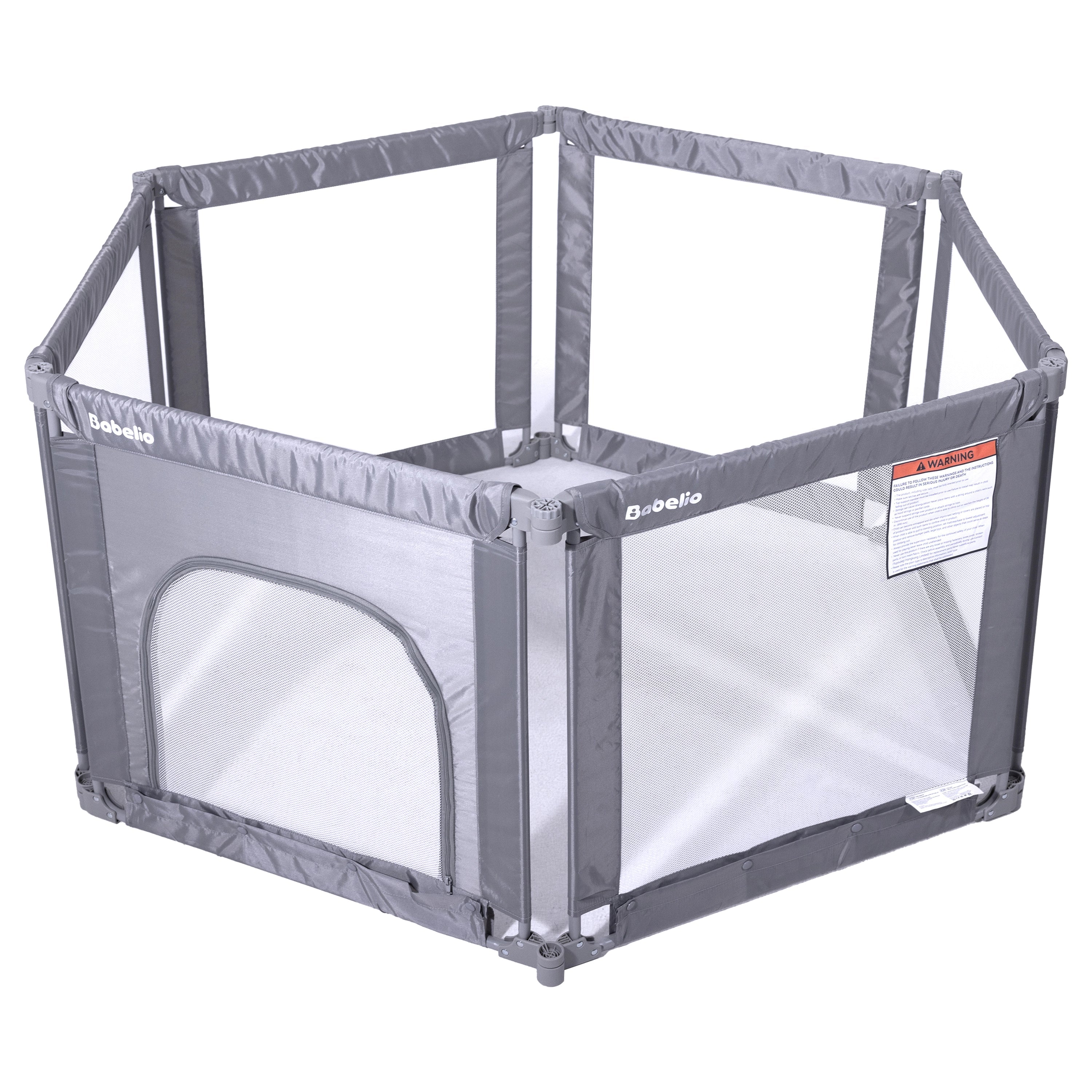 Babelio gray foldable baby safety gate playpen with mesh panels for nursery or playroom