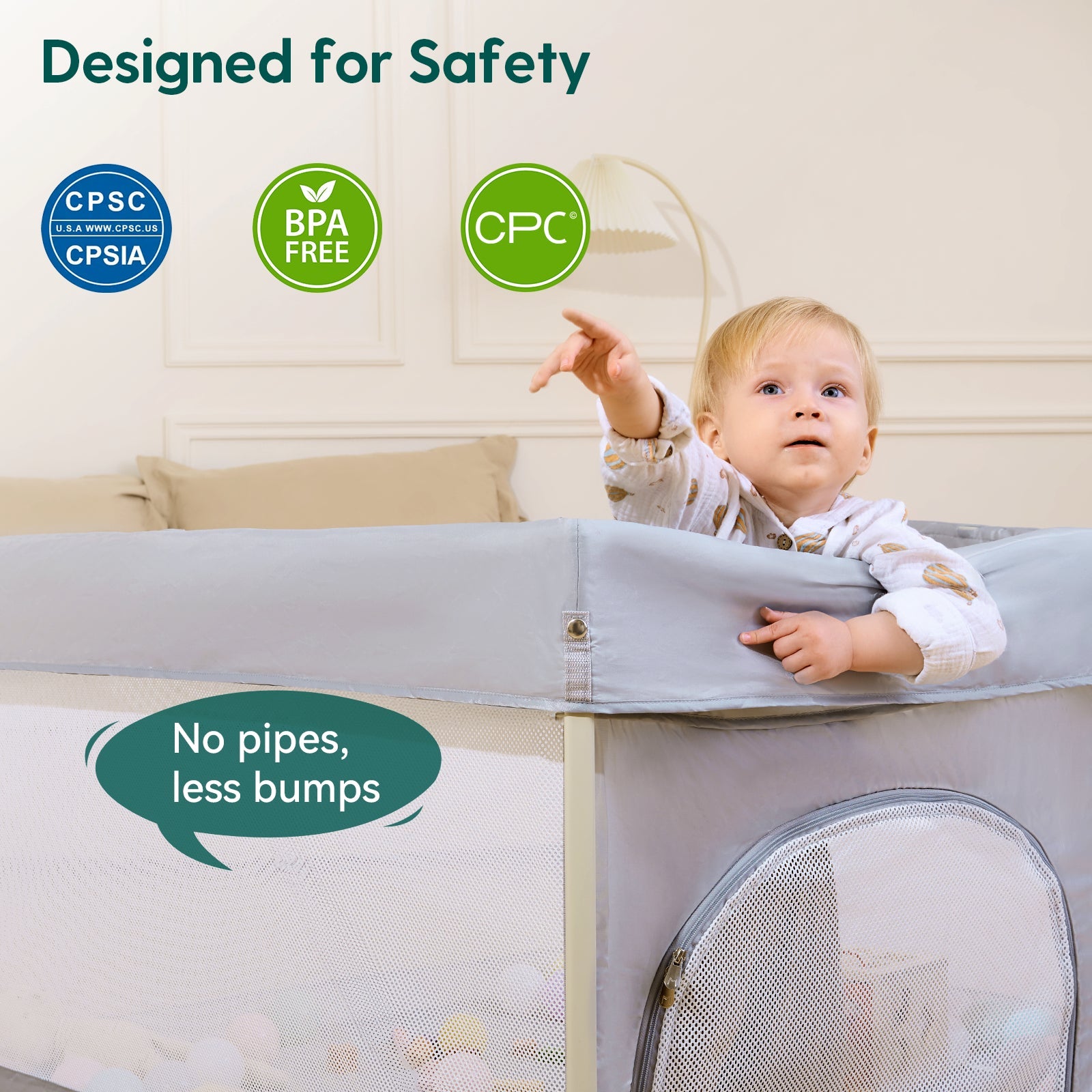 Babelio baby playpen safety gate in a nursery with a child inside, mesh sides, and safety labels