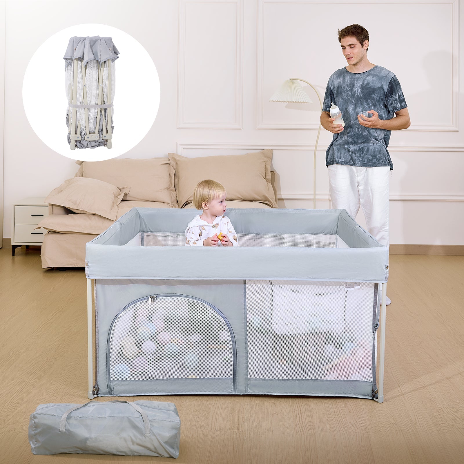 Babelio foldable baby safety gate playpen in a bedroom, toddler inside, parent nearby