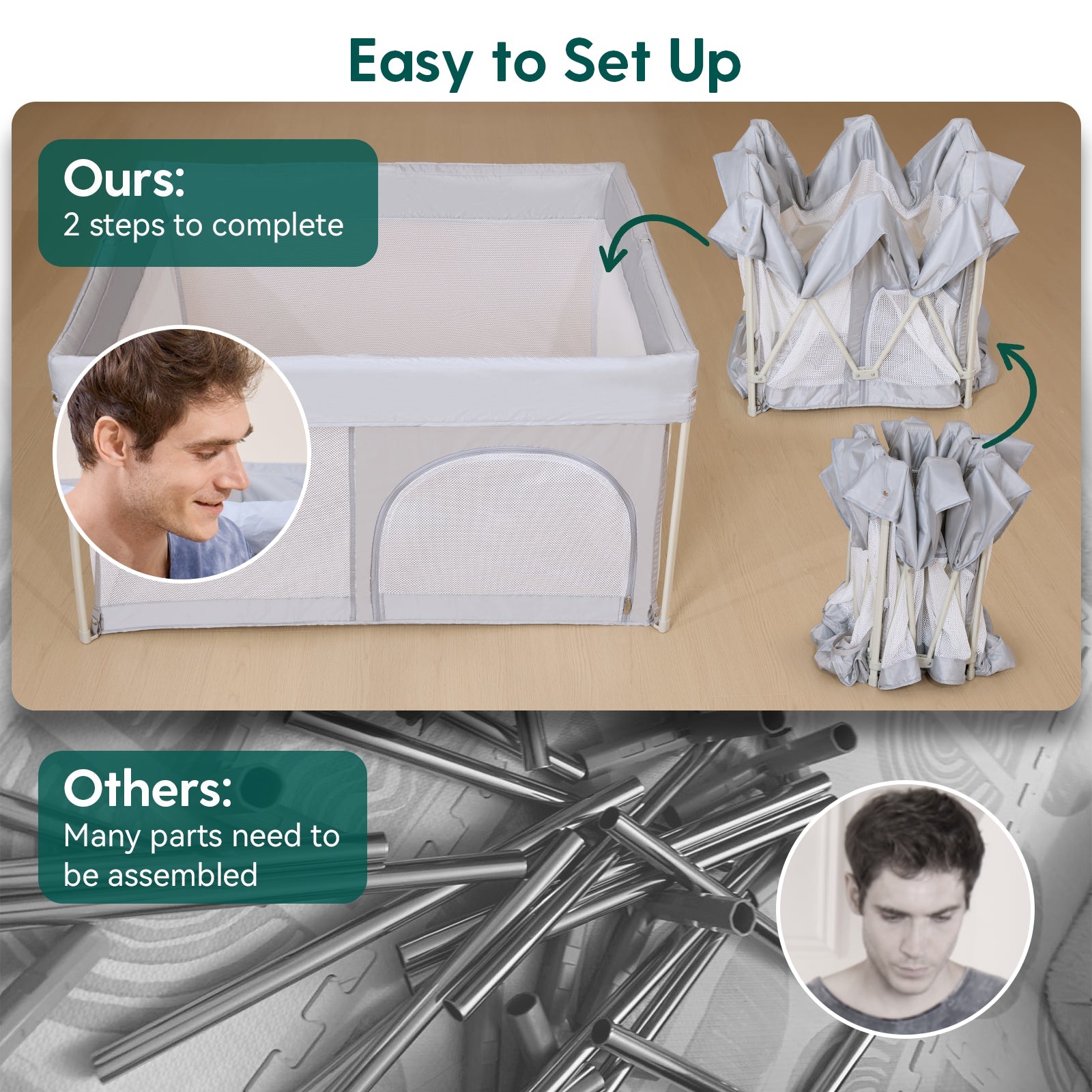 Babelio foldable baby playpen in nursery, easy setup with two-step assembly comparison.