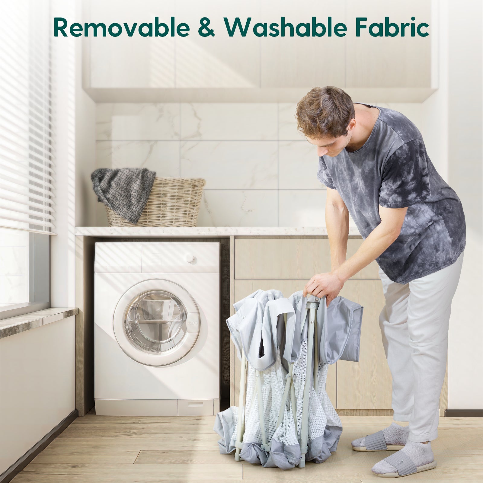 Babelio foldable baby safety gate with removable washable fabric in a laundry room