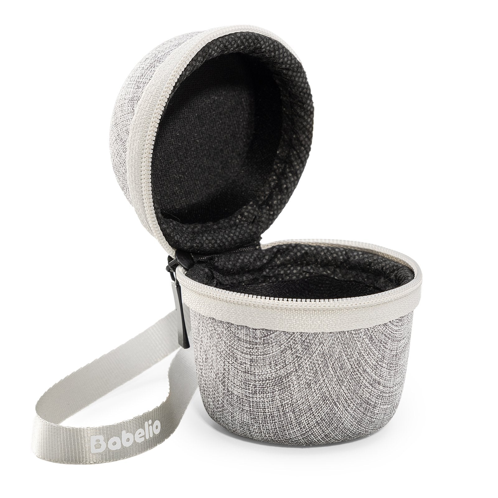 Babelio portable travel case for white noise machine, gray fabric with zipper and strap.