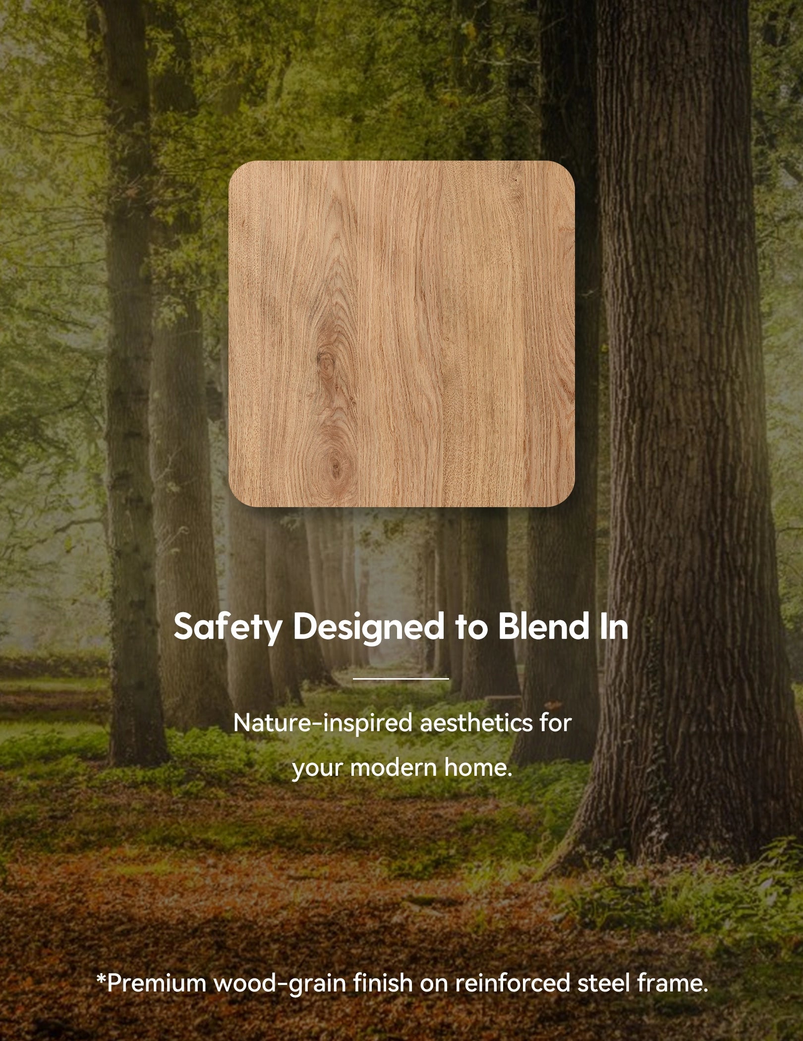 Babelio wood-grain baby safety gate finish sample shown in a natural forest setting. #Color_Wood Pattern