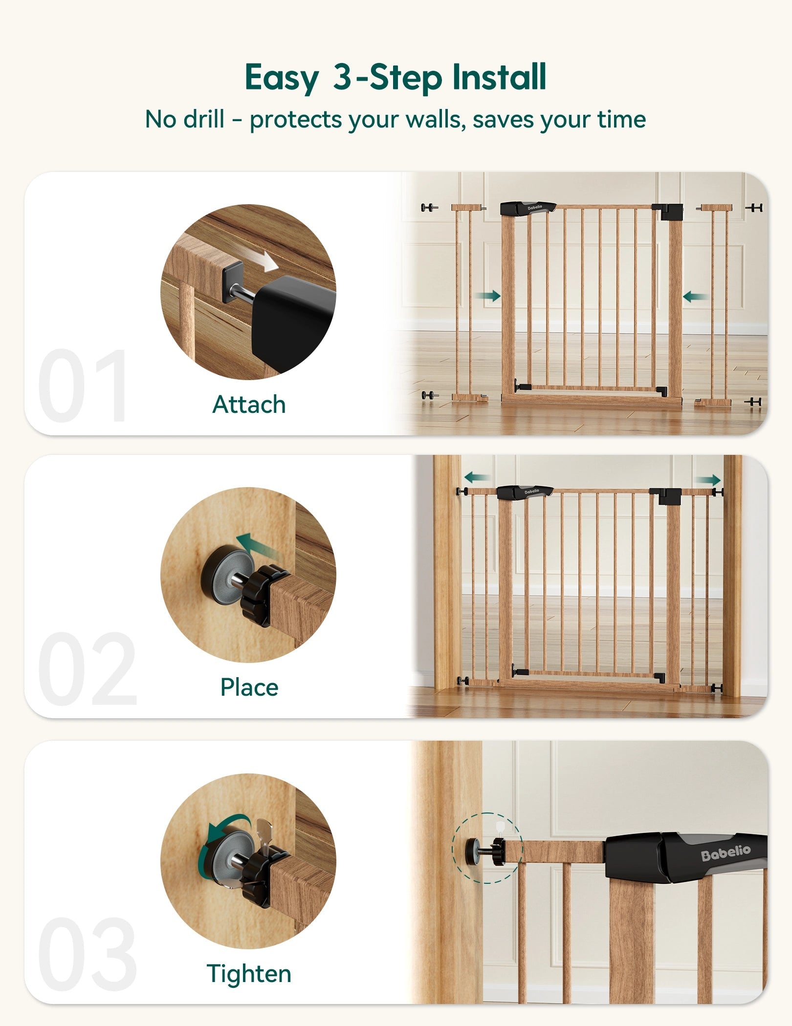 Babelio wood-pattern baby safety gate installation steps for stairs in a hallway
#Color_Wood Pattern