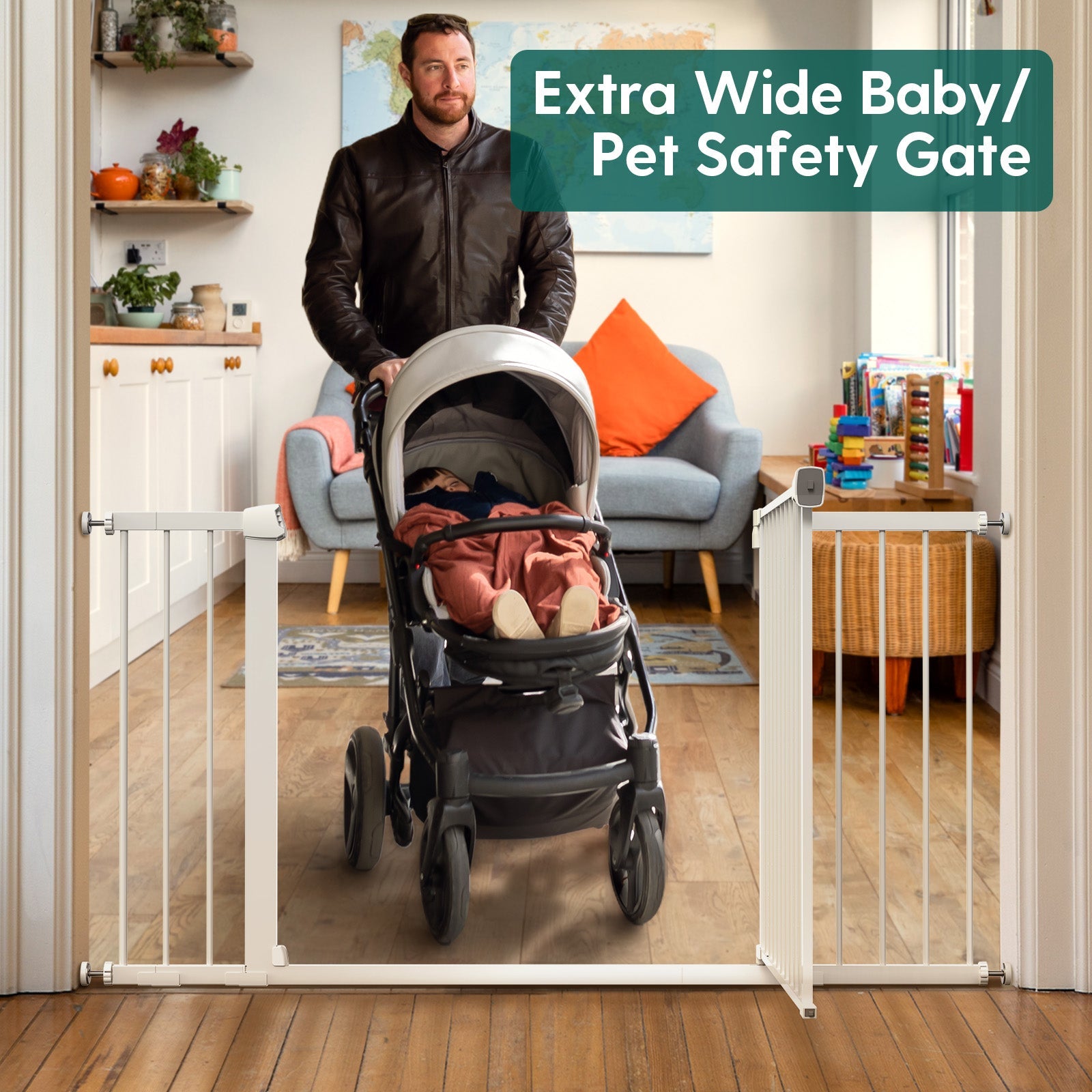 Babelio extra wide baby safety gate installed in a living room, with stroller and man visible.