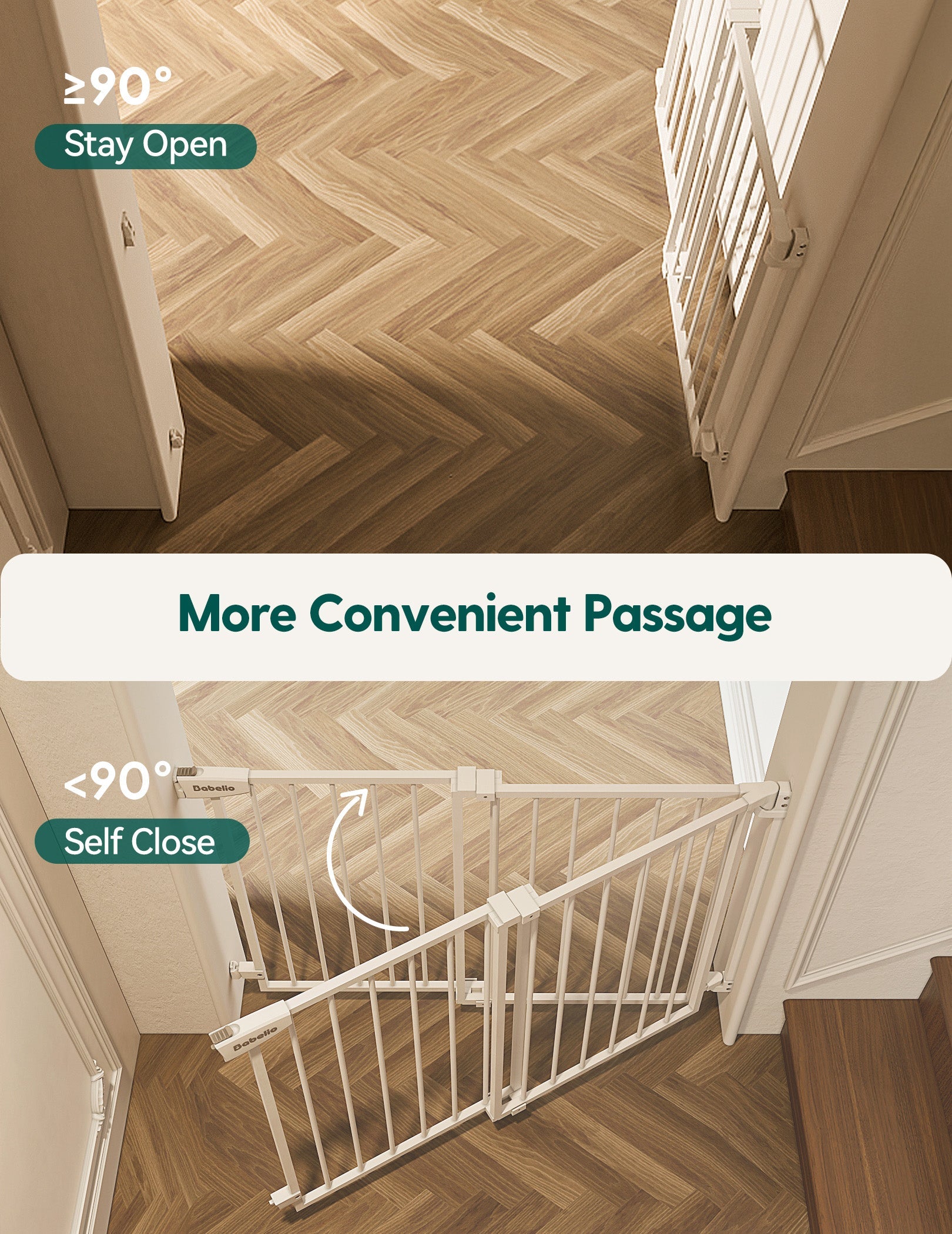 Babelio baby safety gate installed at stairs, showing self-close and stay-open features in hallway