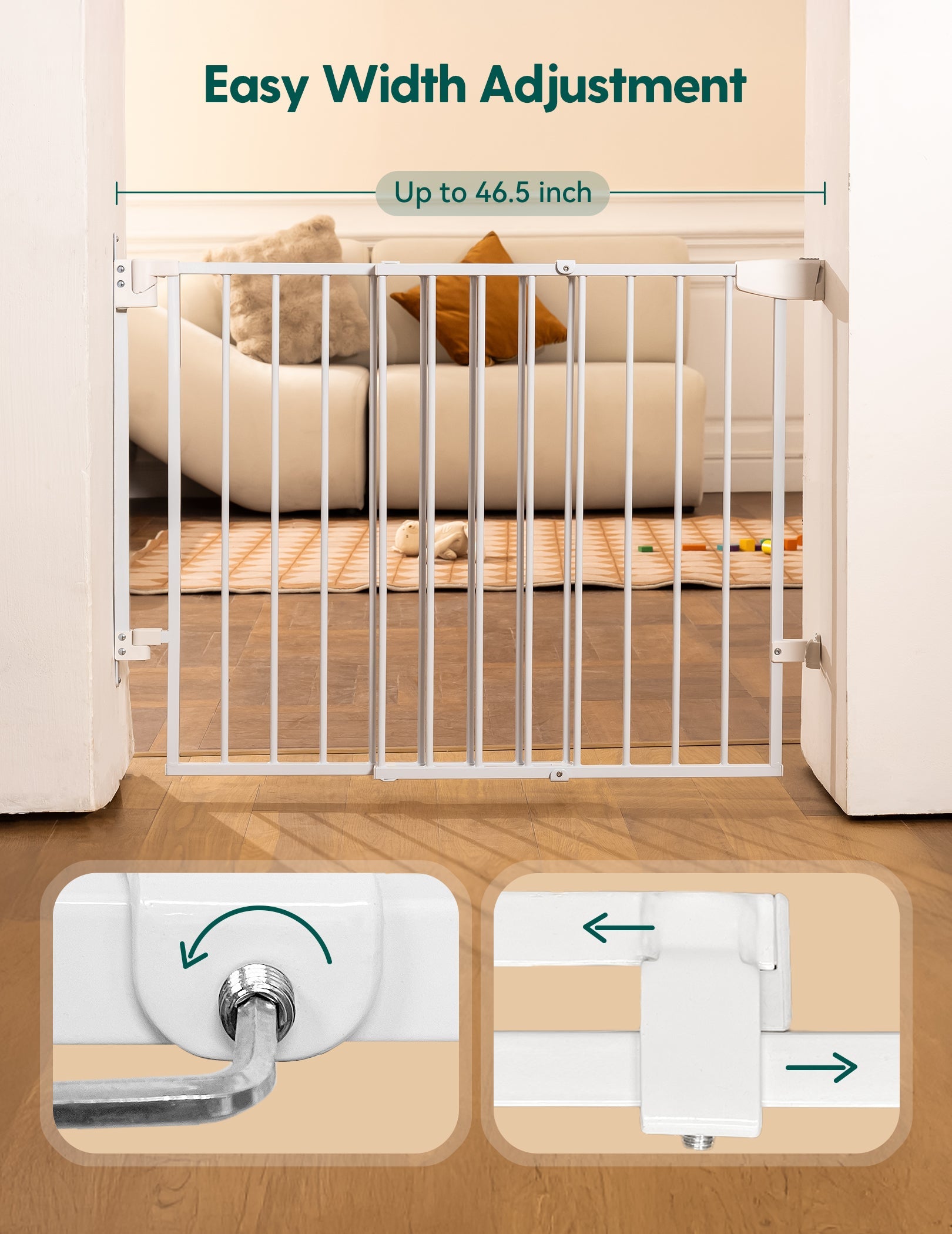 Babelio baby safety gate installed in a living room doorway with width adjustment feature.