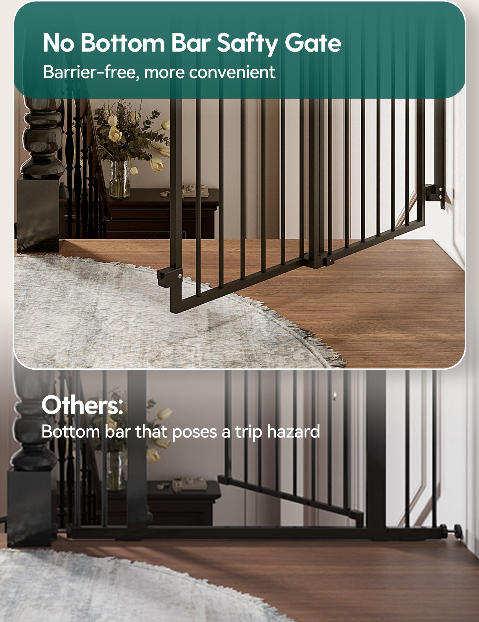 Babelio baby safety gate for stairs with no bottom bar, shown in a hallway setting.