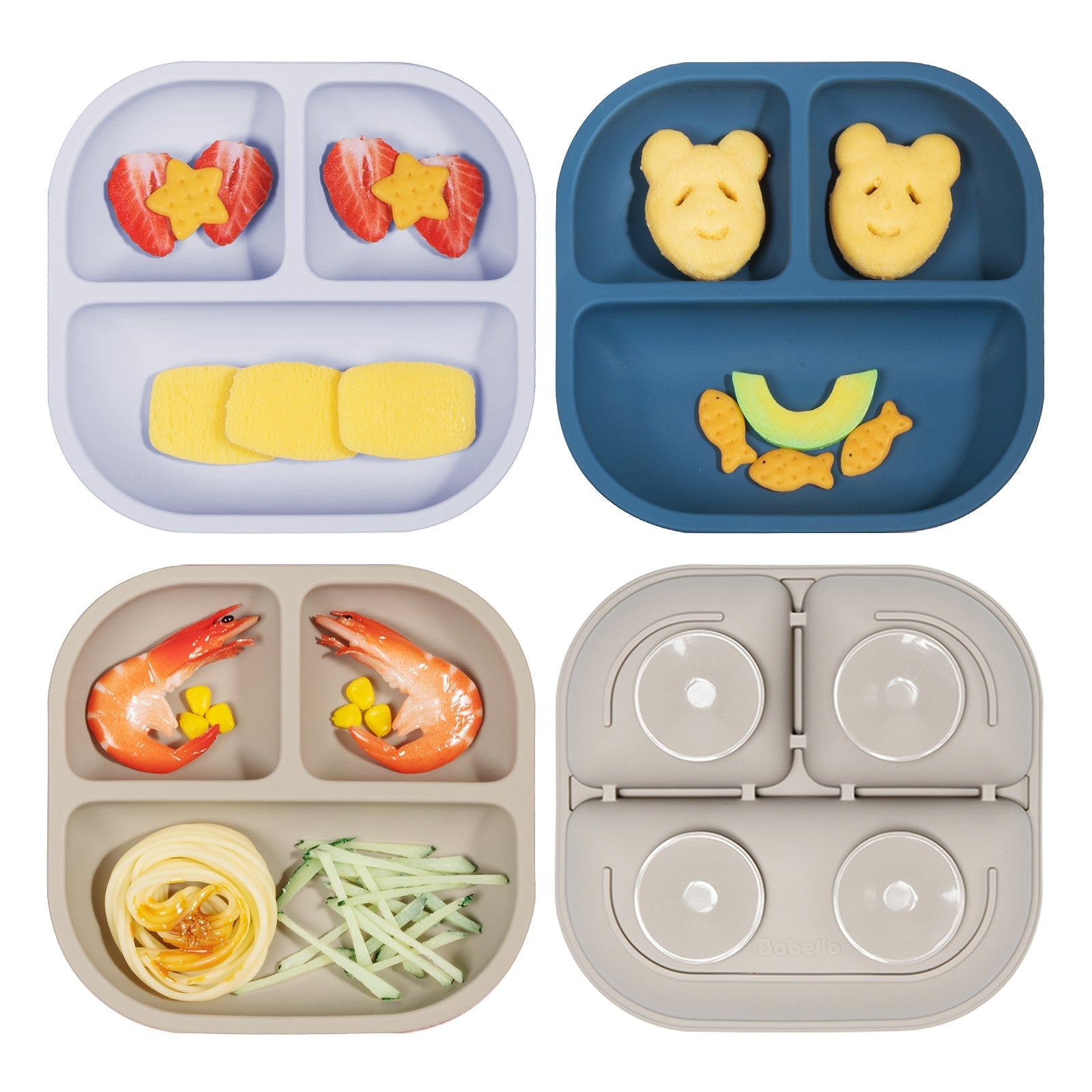 Babelio silicone baby suction plates with colorful food, top view, kitchen setting
