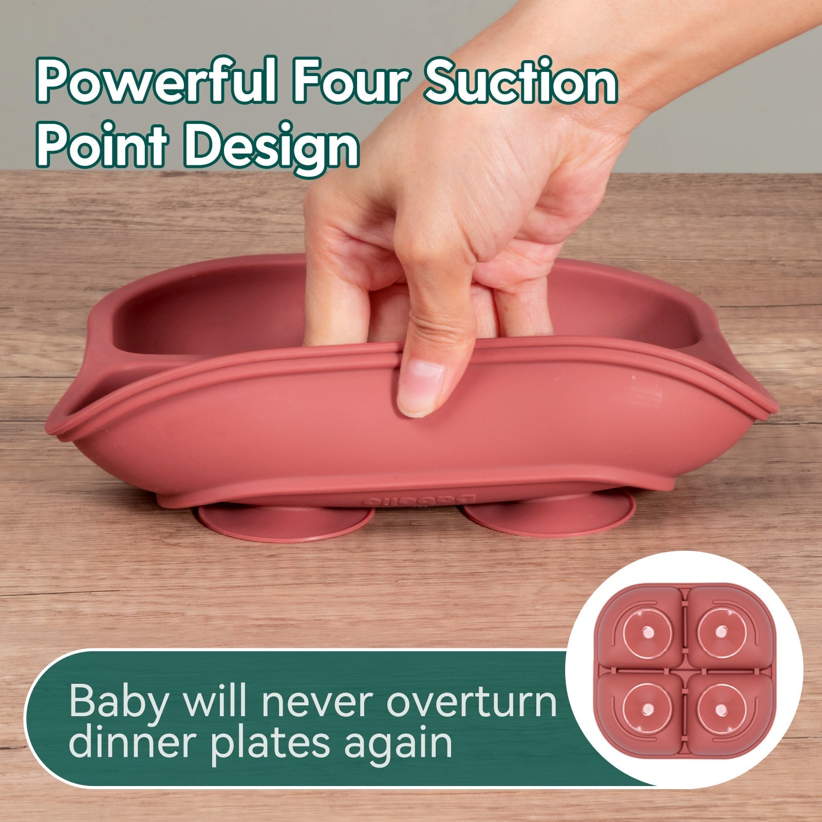 Babelio baby suction plate with four suction points on wooden table, hand demonstrating grip