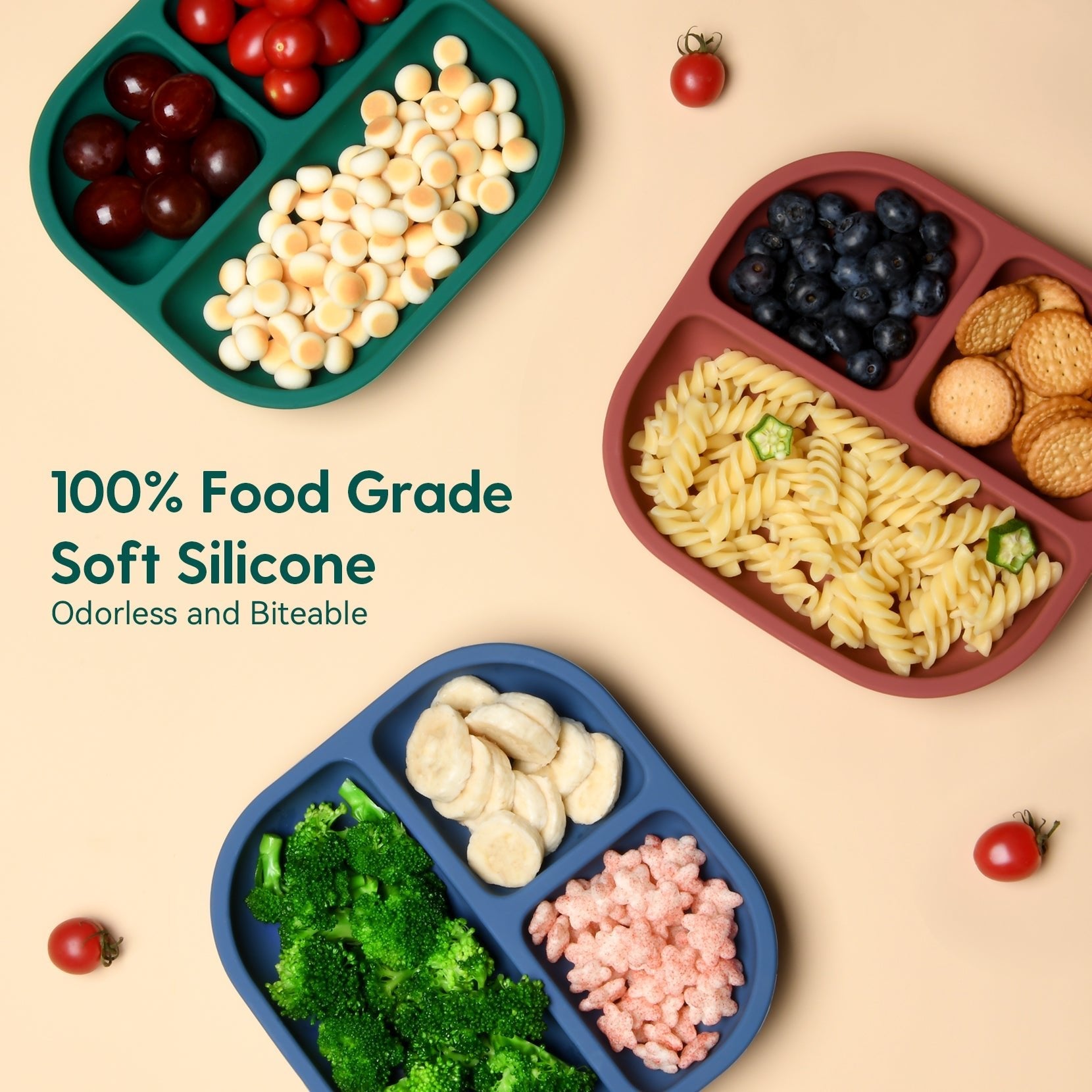 Babelio silicone baby suction plates with healthy snacks, ideal for stress-free baby feeding.