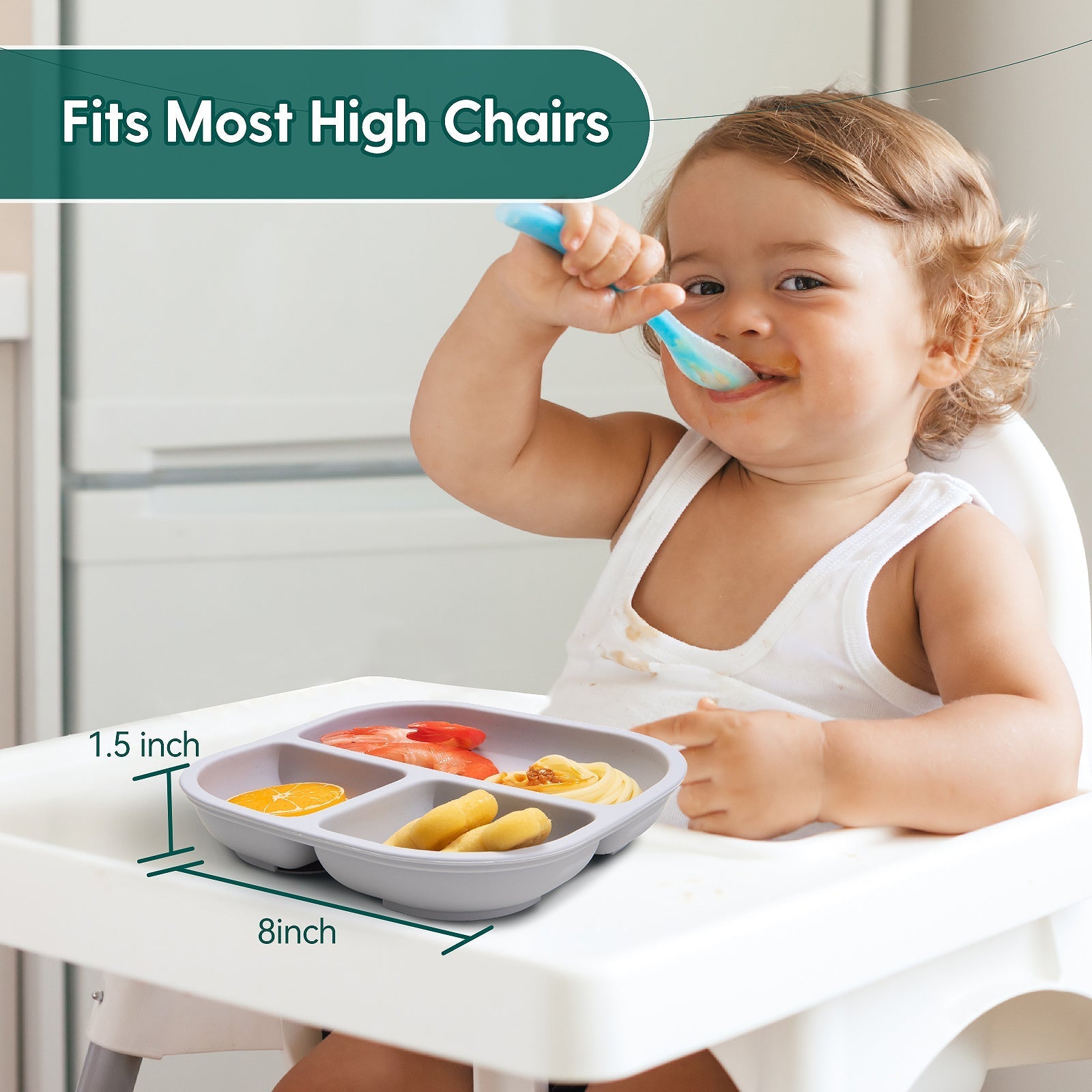 Babelio baby eating in kitchen high chair with silicone suction plate for easy feeding