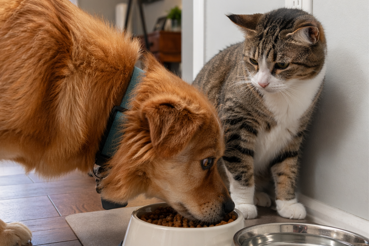 Dog and cat sharing food bowl in cozy home setting
