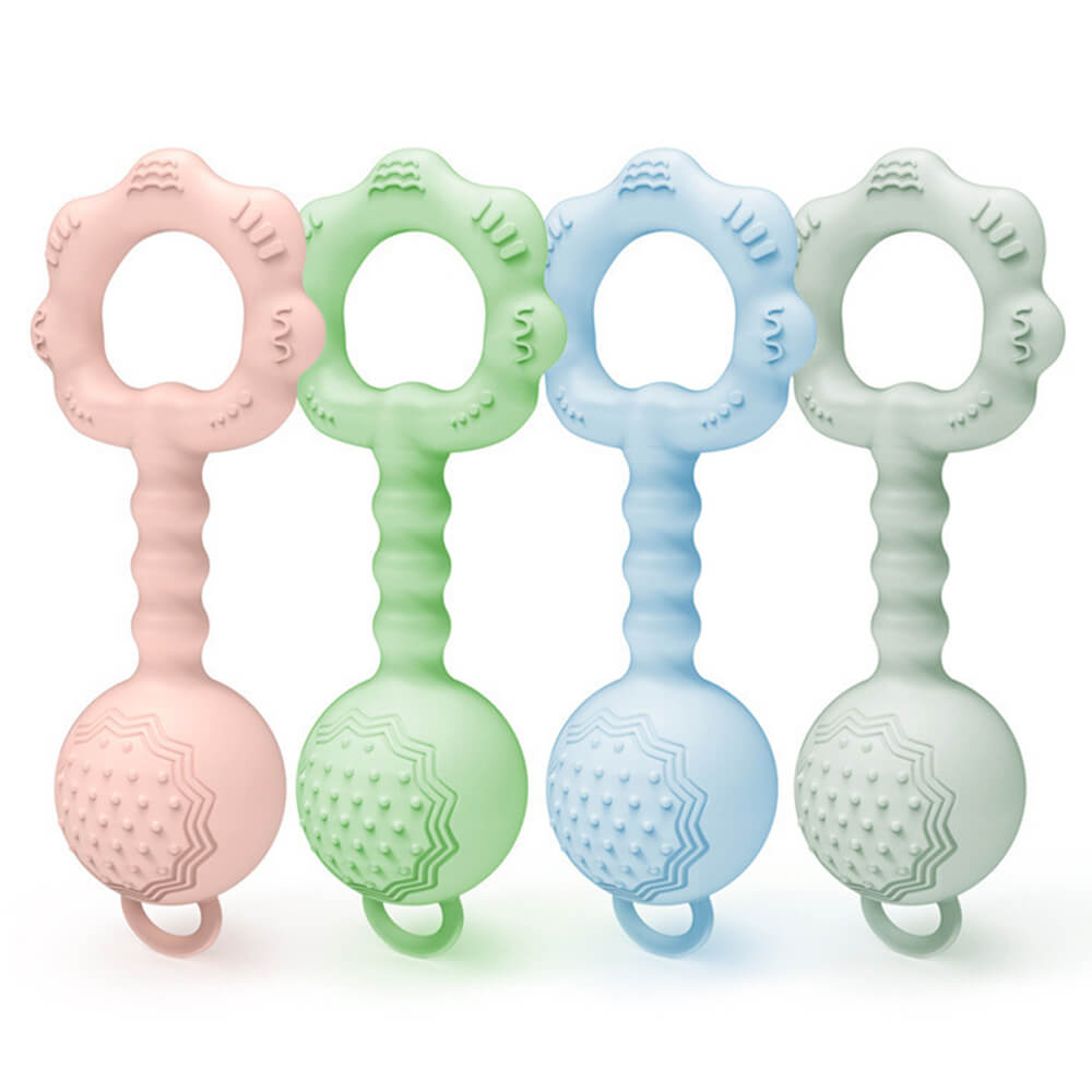 Babelio pastel silicone baby teethers with textured handles, displayed on white background