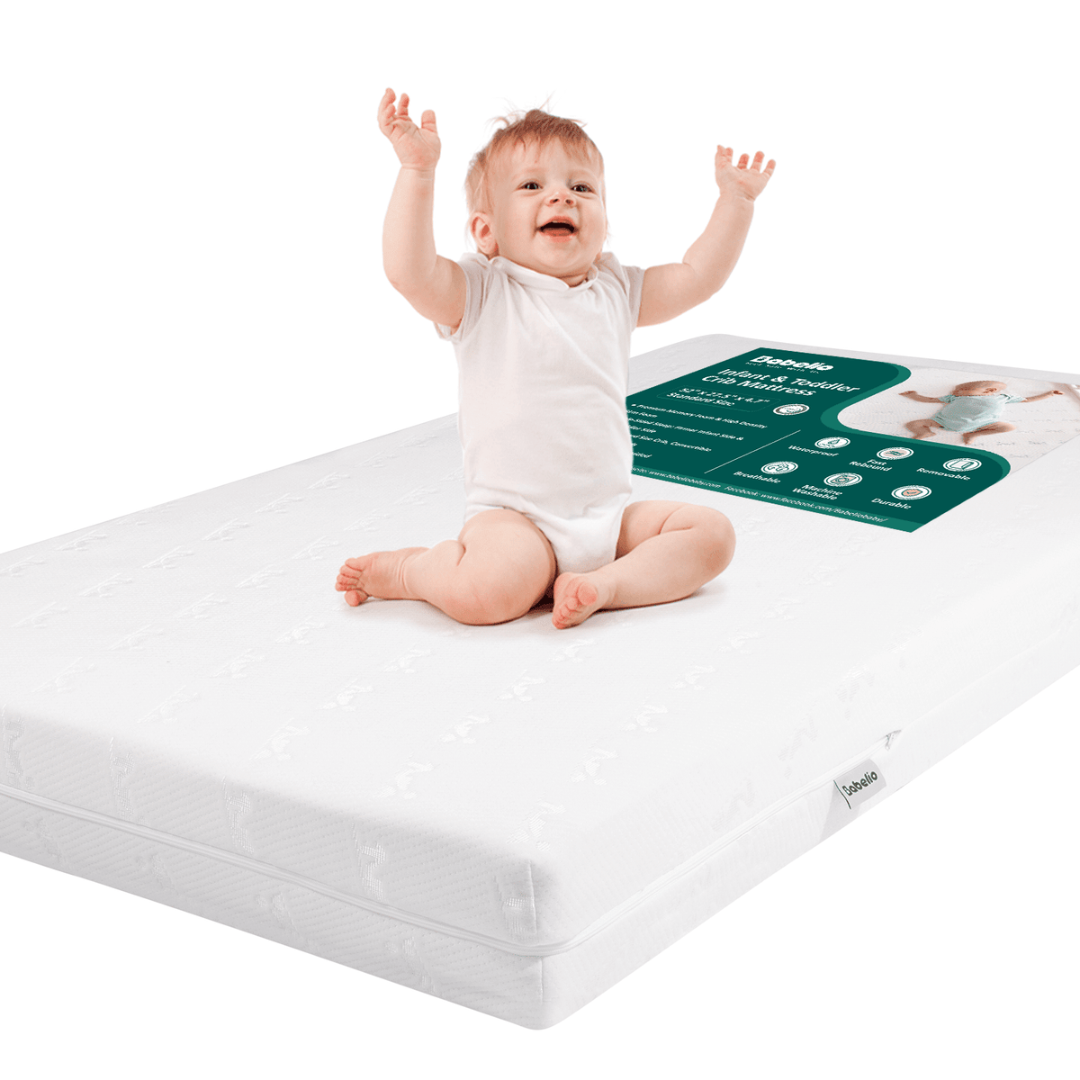Babelio crib mattress with baby sitting on top, ideal for nursery bedding