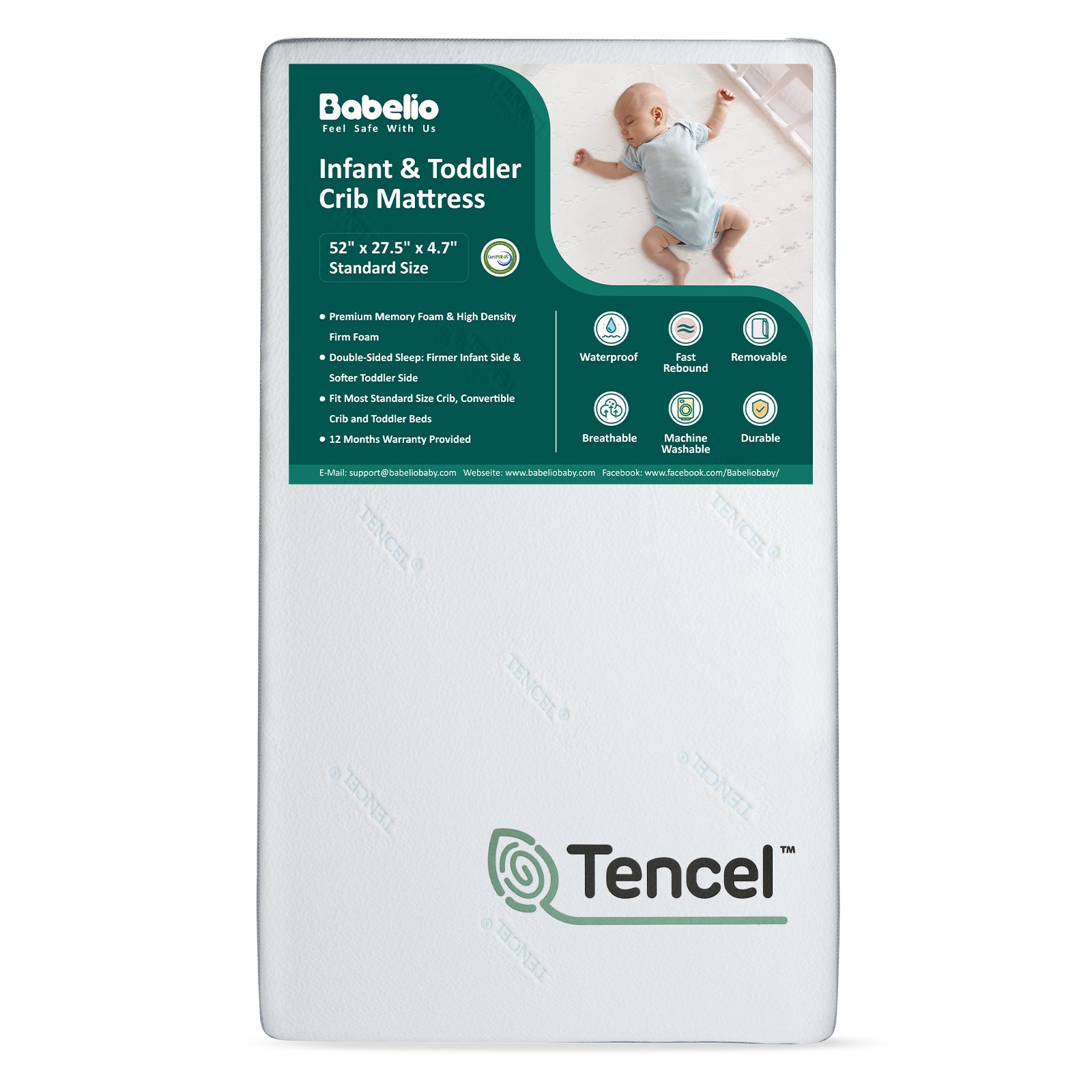 Babelio infant & toddler crib mattress with Tencel cover, waterproof and breathable for nursery safety
