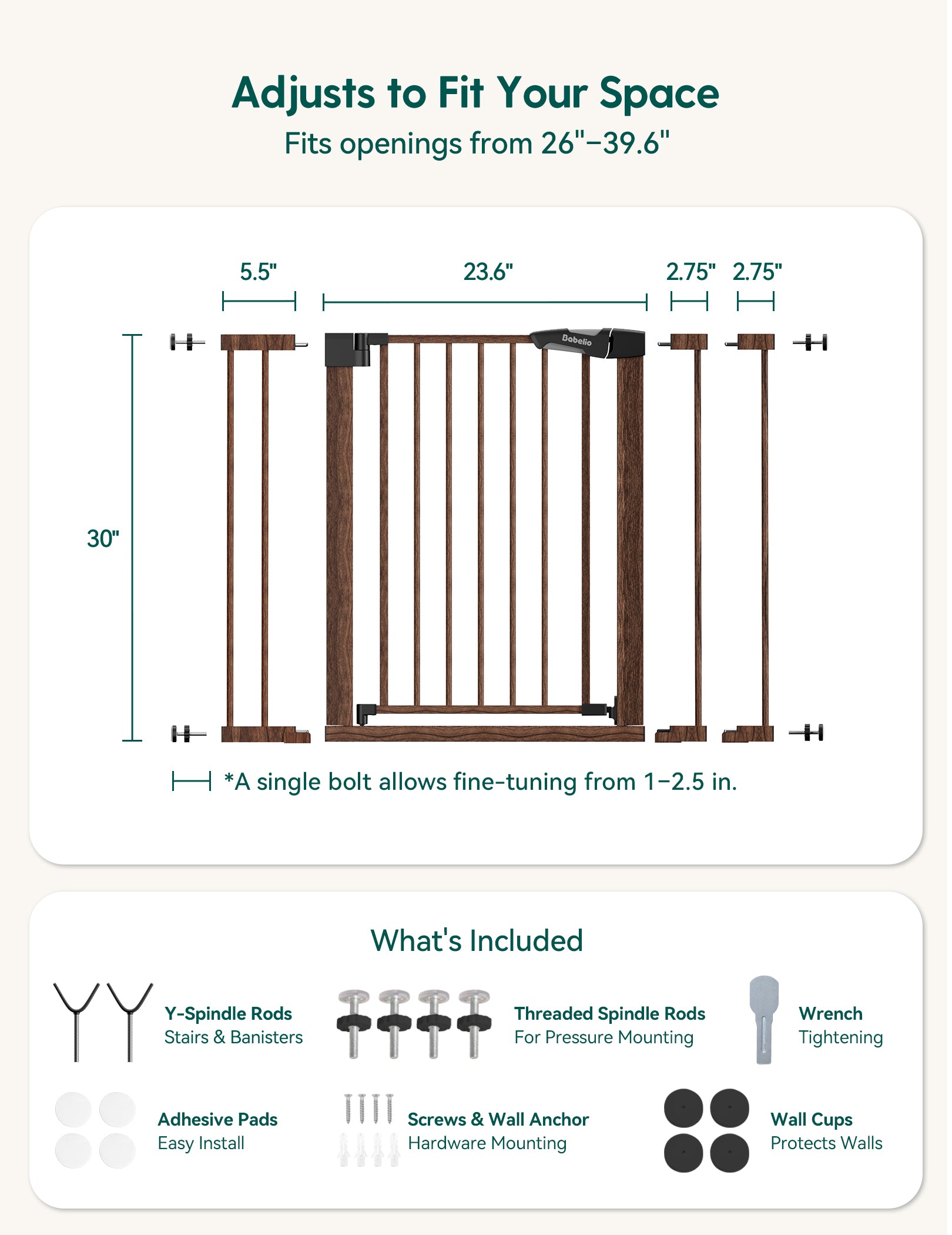 Babelio baby safety gate with adjustable width, pressure & hardware mounting options, includes Y-spindle rods and wall cups